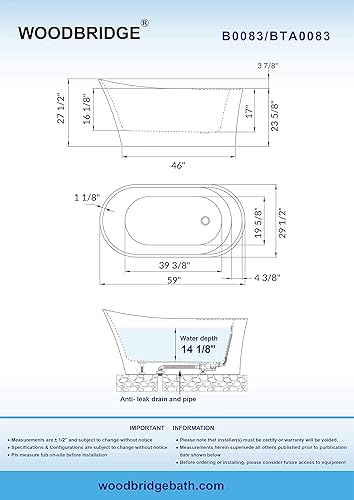 Miniatura 7 de WOODBRIDGE Bañera de acrílico independiente de 59 pulgadas, bañera contemporánea con desbordamiento y drenaje negro mate B0083-MB-Drain Oblanco