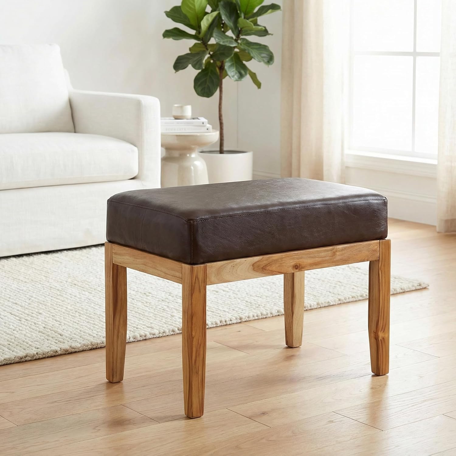 Bare Decor Luisa Bench Genuine 100% Leather and Teak, Brown
