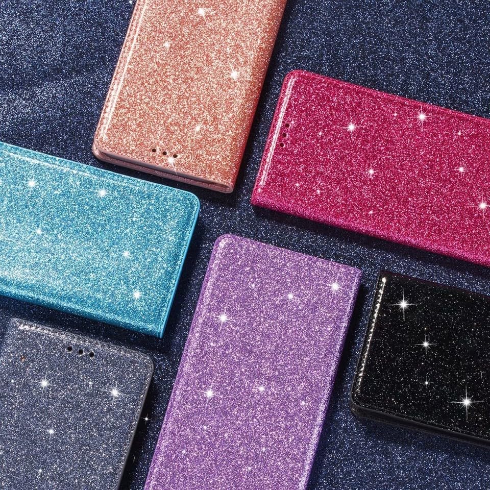 Generic Étui compatible avec iPhone 14 Pro (couleur : gris) étui portefeuille à rabat magnétique à paillettes en cuir avec porte-cartes