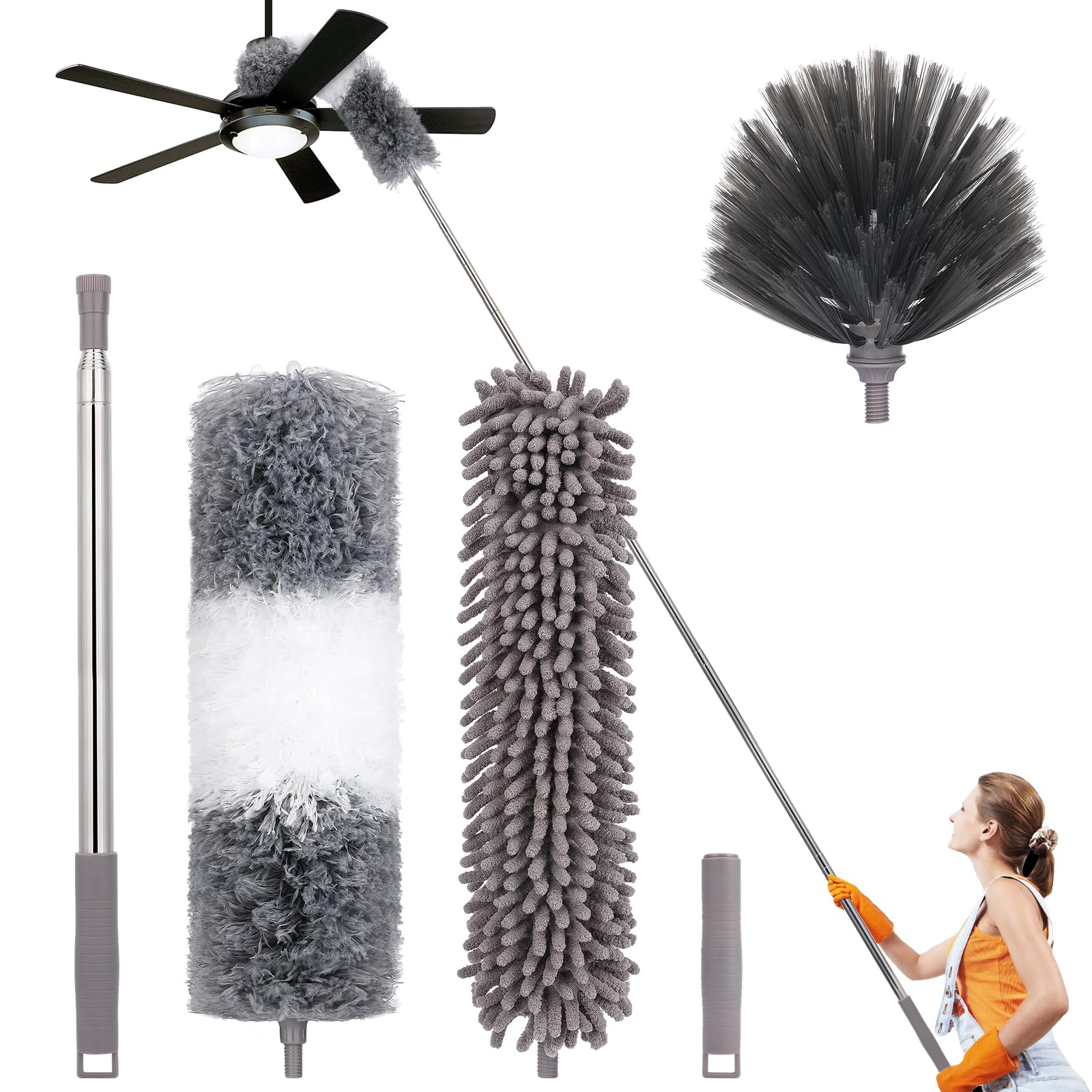 5Pcs Dusters for Cleaning, with Microfiber Duster, Ceiling Fan Brush, Cobweb Duster, 100in Stainless Steel Extension Pole, Bendable Extendable Duster for High Ceilings, Gap Dust Wet or Dry