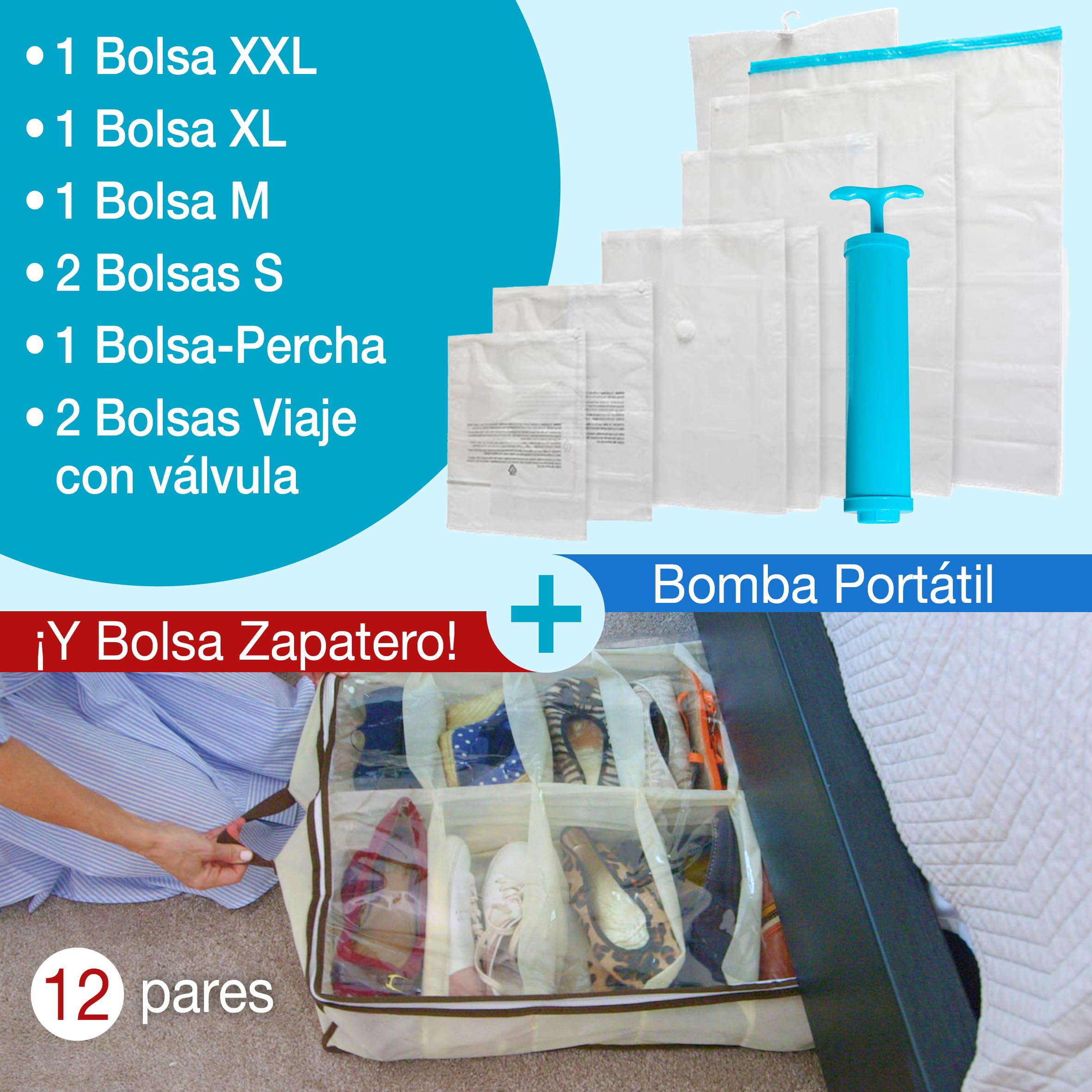 Set 8 Bolsas de Vacío Ropa GUARDAPLUS: Edredones Abrigos Viaje... Ahorra espacio. Desinflado rápido. Incluye: 1 XXL, 1 XL, 1 M, 2 S, 1 Trajes + 2 Bolsas viaje + Bolsa Zapatero + Bomba Extractora