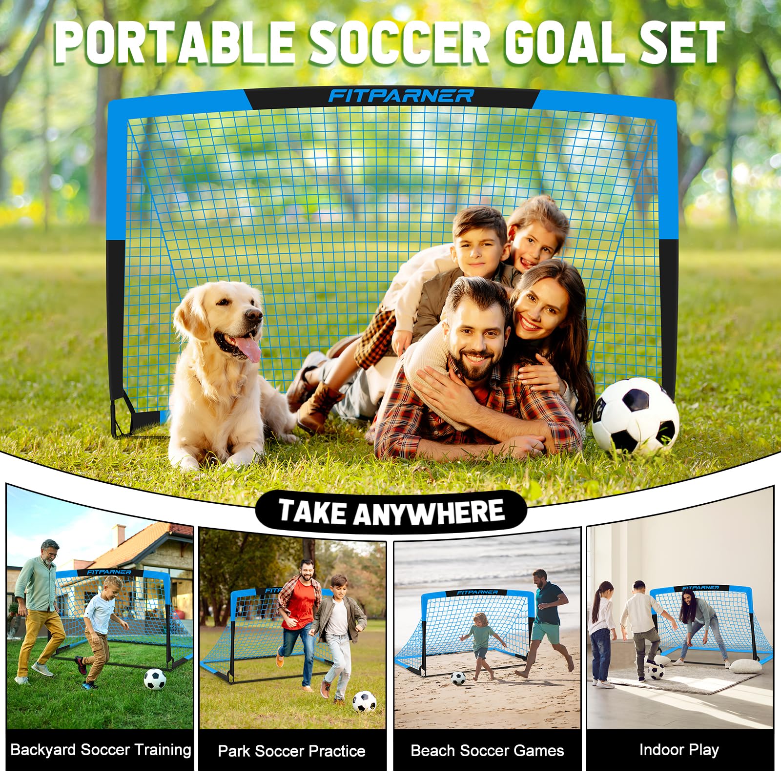 Juego de 2 redes de fútbol para niños de 4 x 3 pies para niños de 3 a 14 años, kit de equipo de entrenamiento de fútbol portátil con pelota de fútbol, conos para niños y jóvenes al aire libre 5