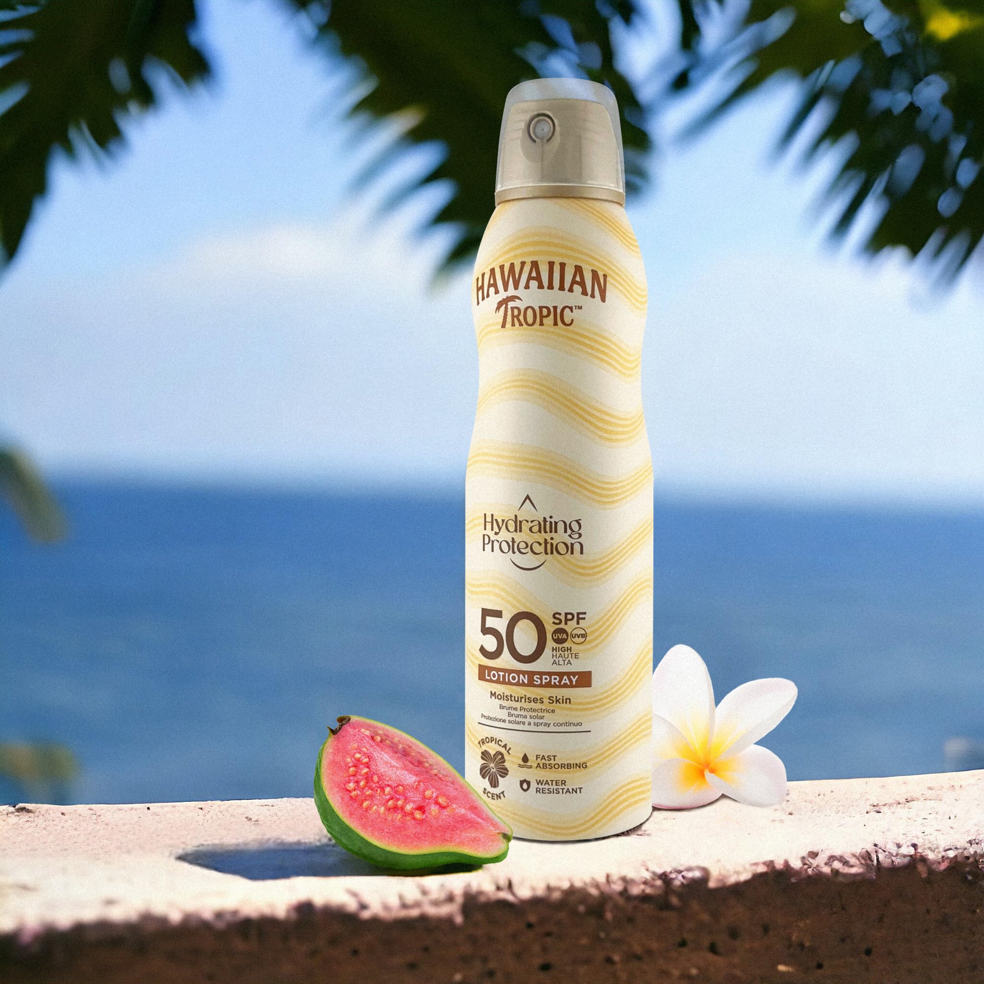 Hawaiian Tropic Brume protectrice hydratante, Résistante à l’eau, SPF 50, Protection UVA + UVB, Écran solaire, Senteur tropicale, Lotion solaire en brume, 220ml