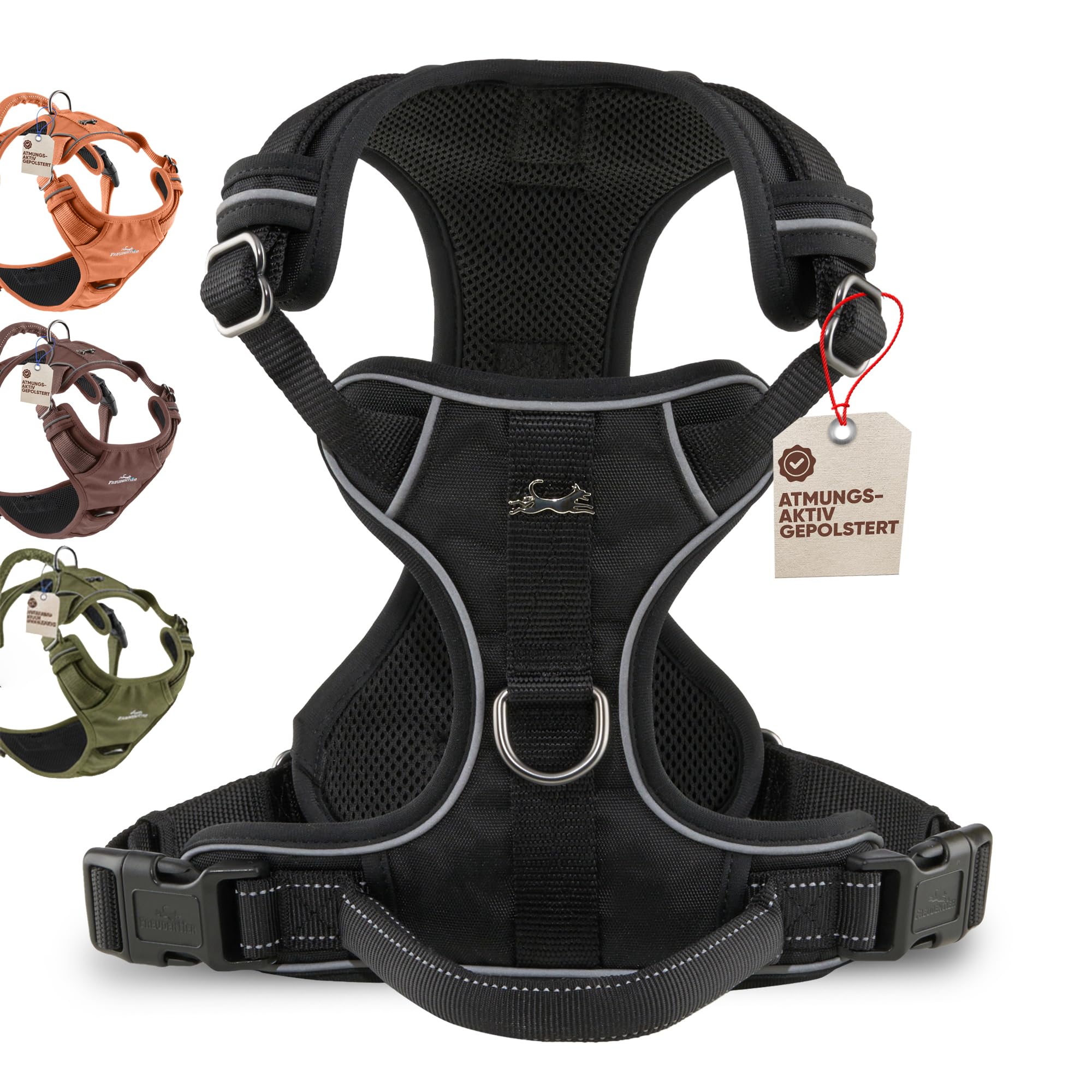 FREUDENTIER Hundegeschirr mit Griff, atmungsaktiv gepolstert - Bombenfester Sitz & maximale Sicherheit - Anti Zug Hundegeschirr kleine, mittelgroße & Grosse Hunde - Hunde Geschirr (Black, XL)