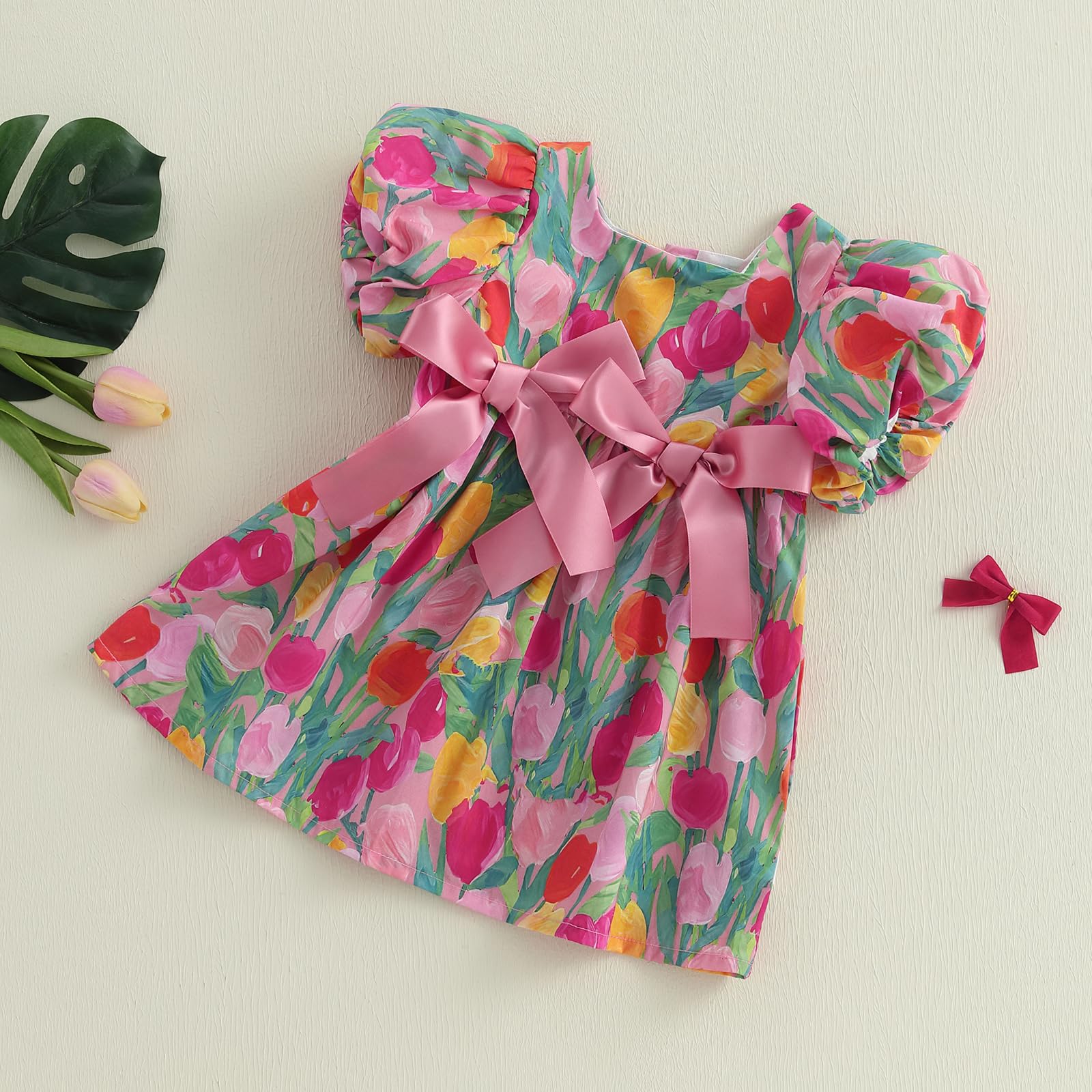 Toddler Infant Baby Girl Summer Dress Bow Puff Short Sleeve Sundress Floral Tulip Dress Cute Princess Clothes (Red, 9-12 Months)