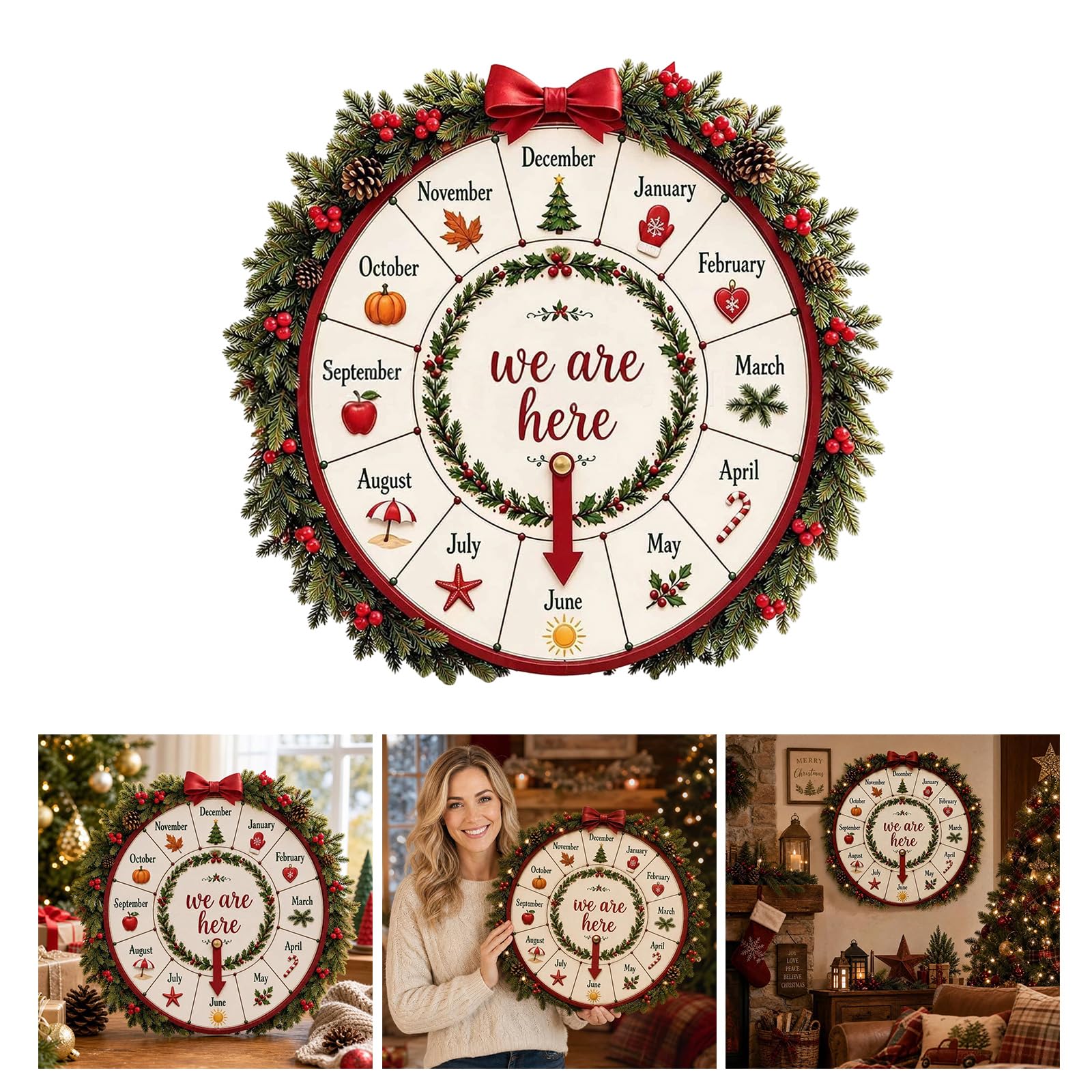 Rueda de cuenta regresiva de madera para decoración de navideña con puntero móvil, acento gráfico navideño en para estante, repisa, entrada, decoración de rueda de Adviento, cartel de de