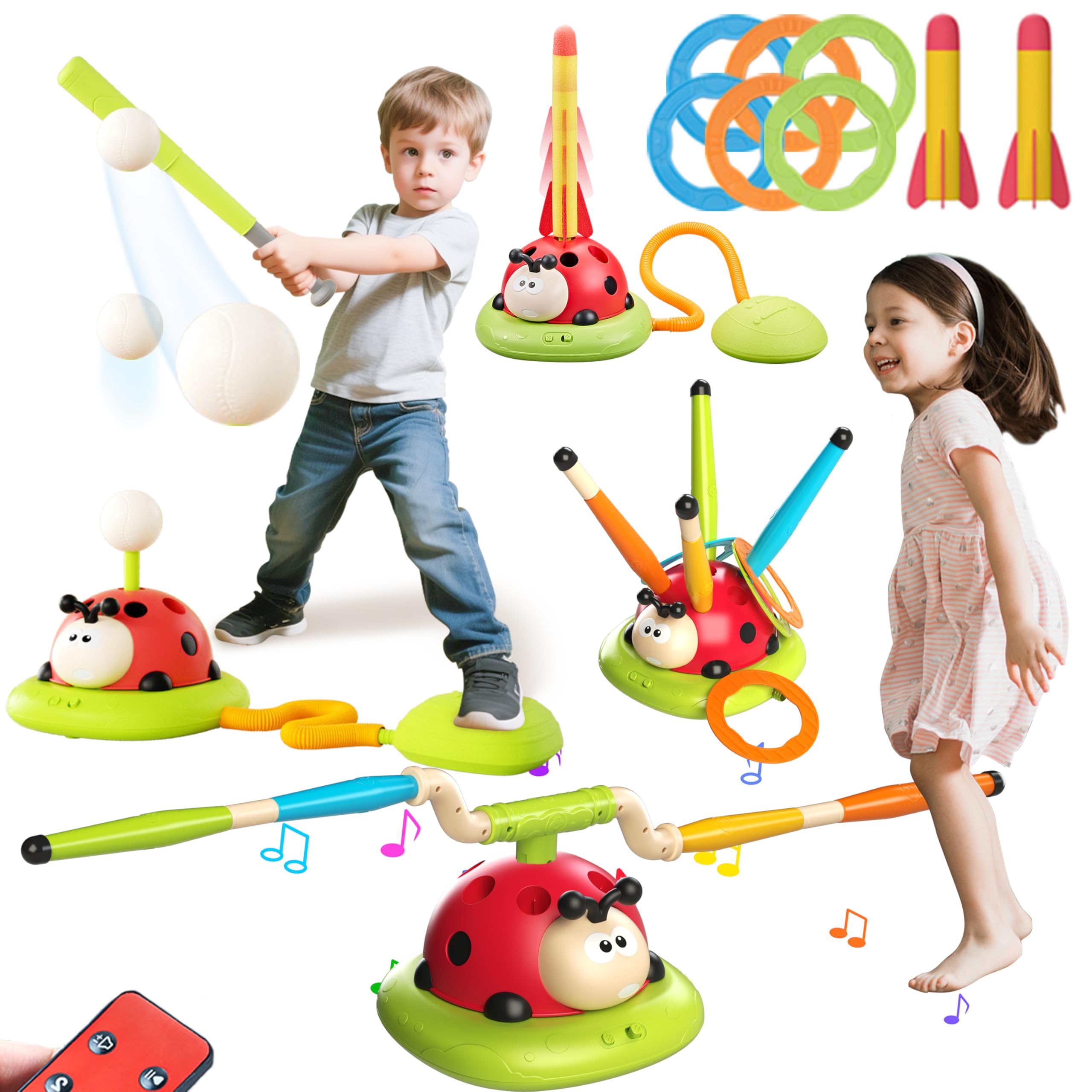 4 in 1 Musical Jump, Toss Ring Game, Baseball Toys and Stomping Launch Rocket Launcher for Kids Toys & Games with Remote, Indoor Outdoor Toys for Kids