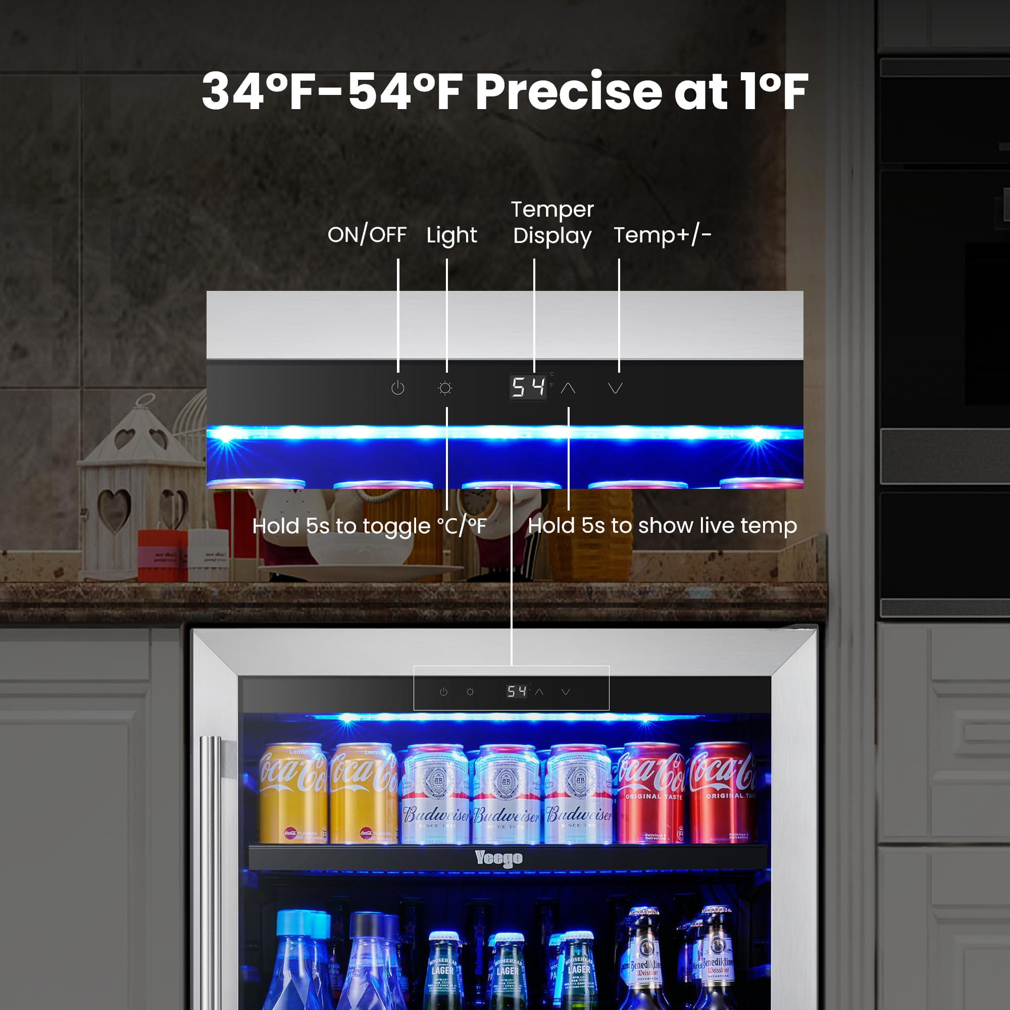 YEEGO 24 Inch Beverage Refrigerator – 180 Can Built-In Under Counter Drink Fridge With Glass Door, 34–54°F Cooling For Beer, Soda & Wine (Right-Hinged) on Fridge.com - View 6