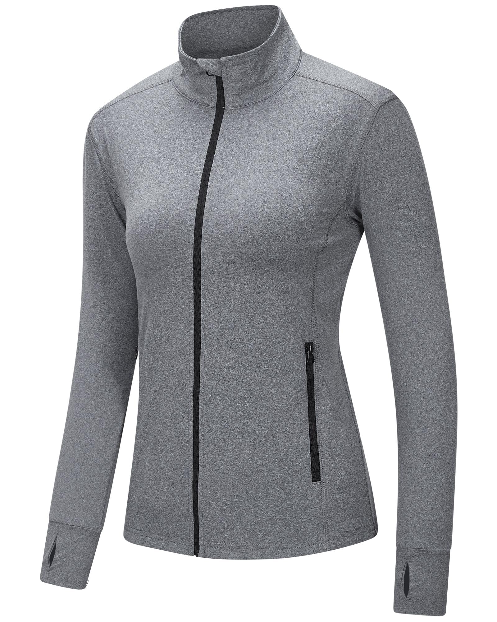 Outdoor Ventures Damen Laufjacke Stehkragen Sportjacke Langarm Trainingsjacke Leicht Atmungsaktive Trainingsanzug Sweatjacke Ohne Kapuze mit Daumenloch und Tasche Für Laufen Yoga Fitness