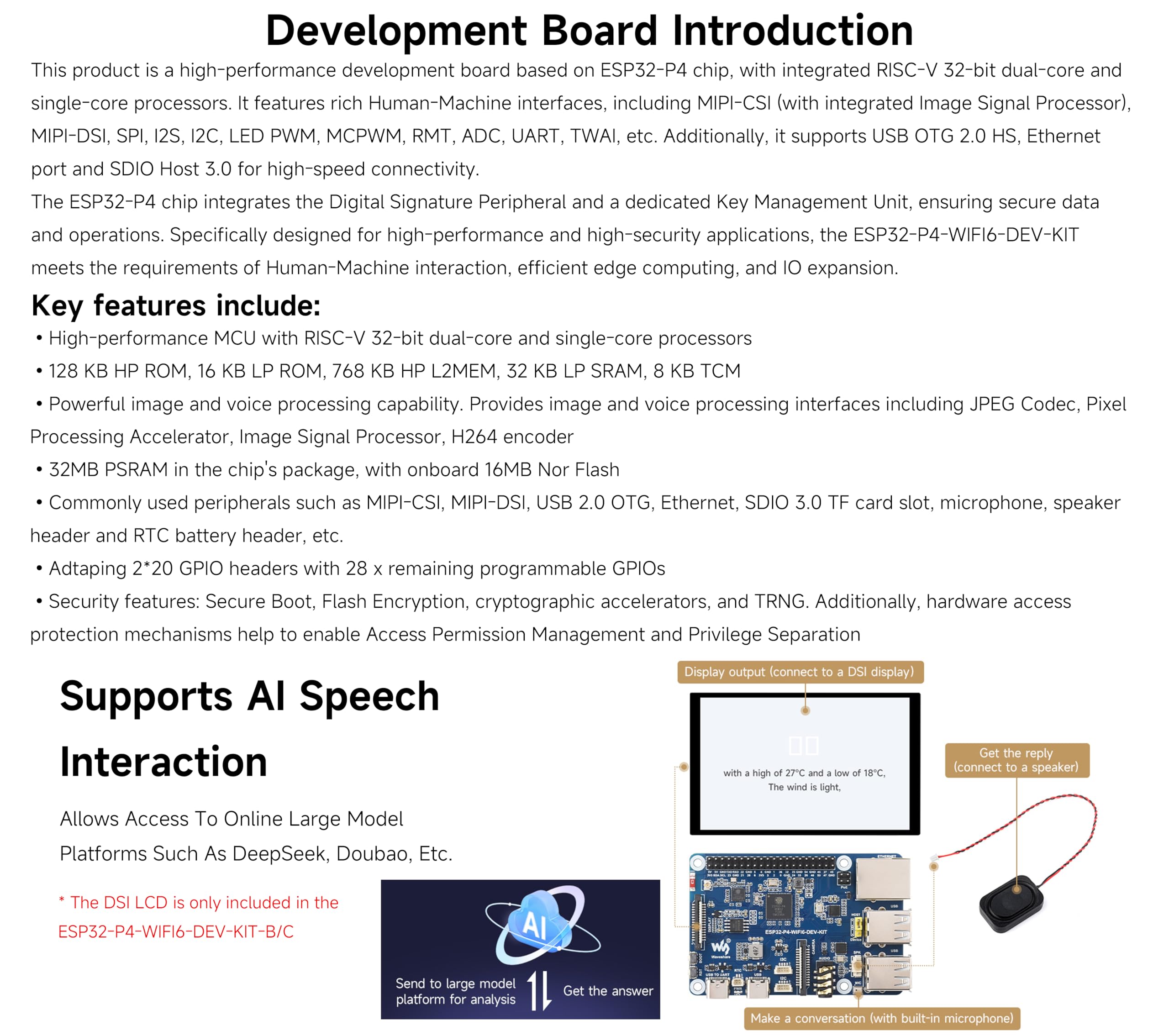 ESP32-P4-WIFI6-DEV-KIT płytka deweloperska, oparta na ESP32-P4 i ESP32-C6, obsługuje Wi-Fi 6 i Bluetooth 5/BLE 5, obsługuje interakcję mowy AI, w zestawie głośnik + kamera RPi, 4 elementy