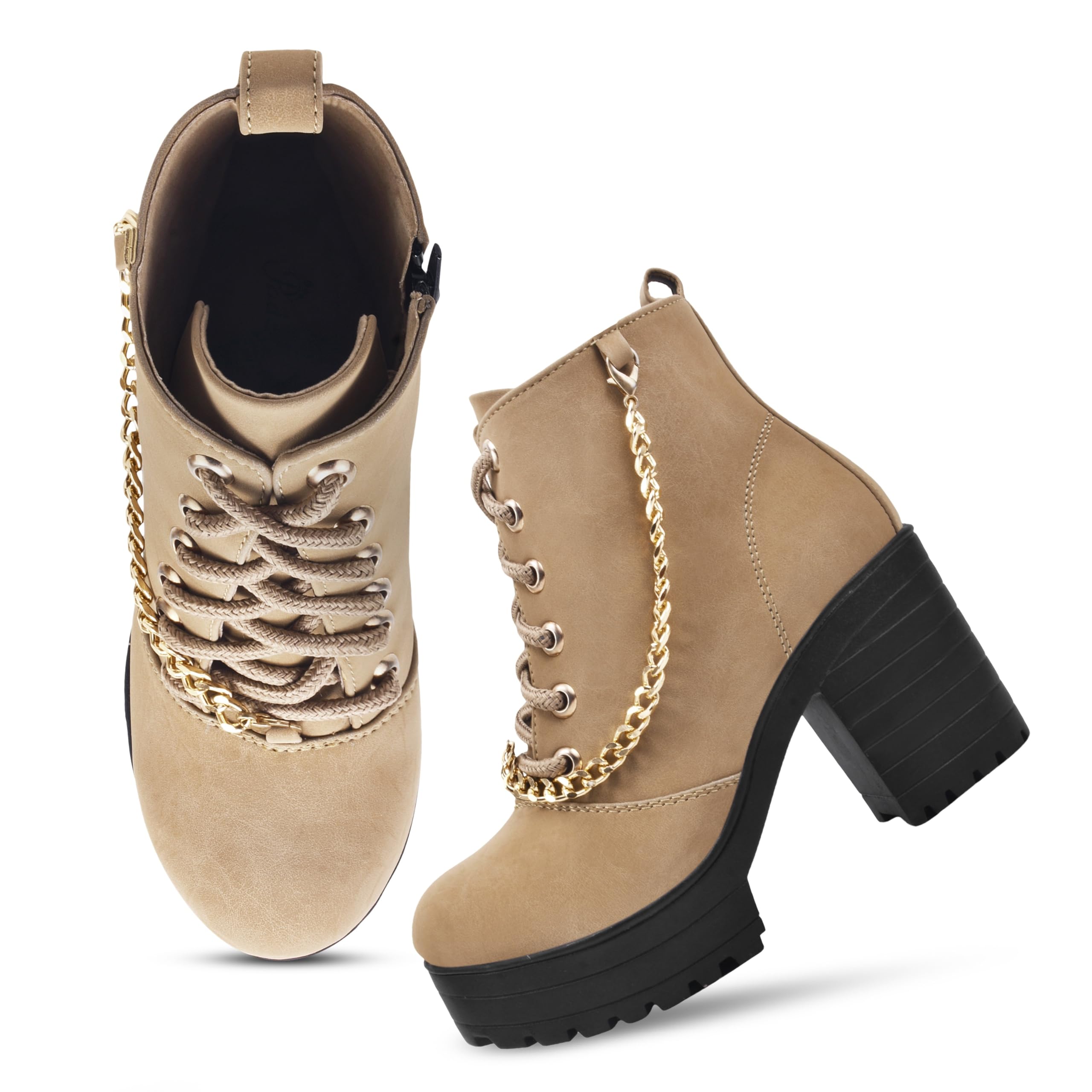 Women Block Heel Boot With Zipper & Lace Up Style | Women's Ankle-Length Lace-Up Beige Boots with Block Heel-image-34