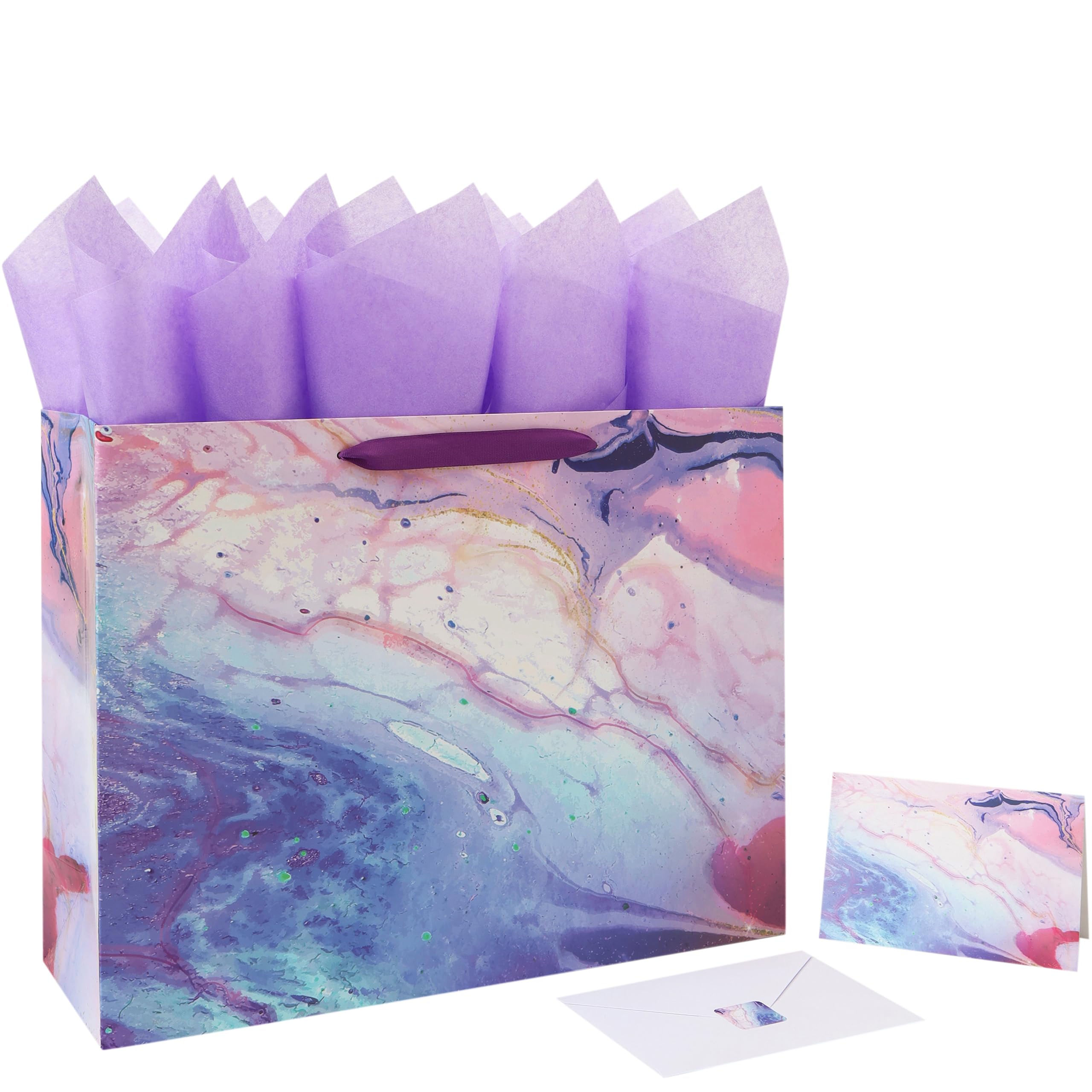 Juego de bolsas de regalo de mármol morado extra grande de 16.5 pulgadas con asas, tarjeta de felicitación, papeles de seda y calcomanías para mujeres, niñas, niños, adolescentes, para cumpleaños, día