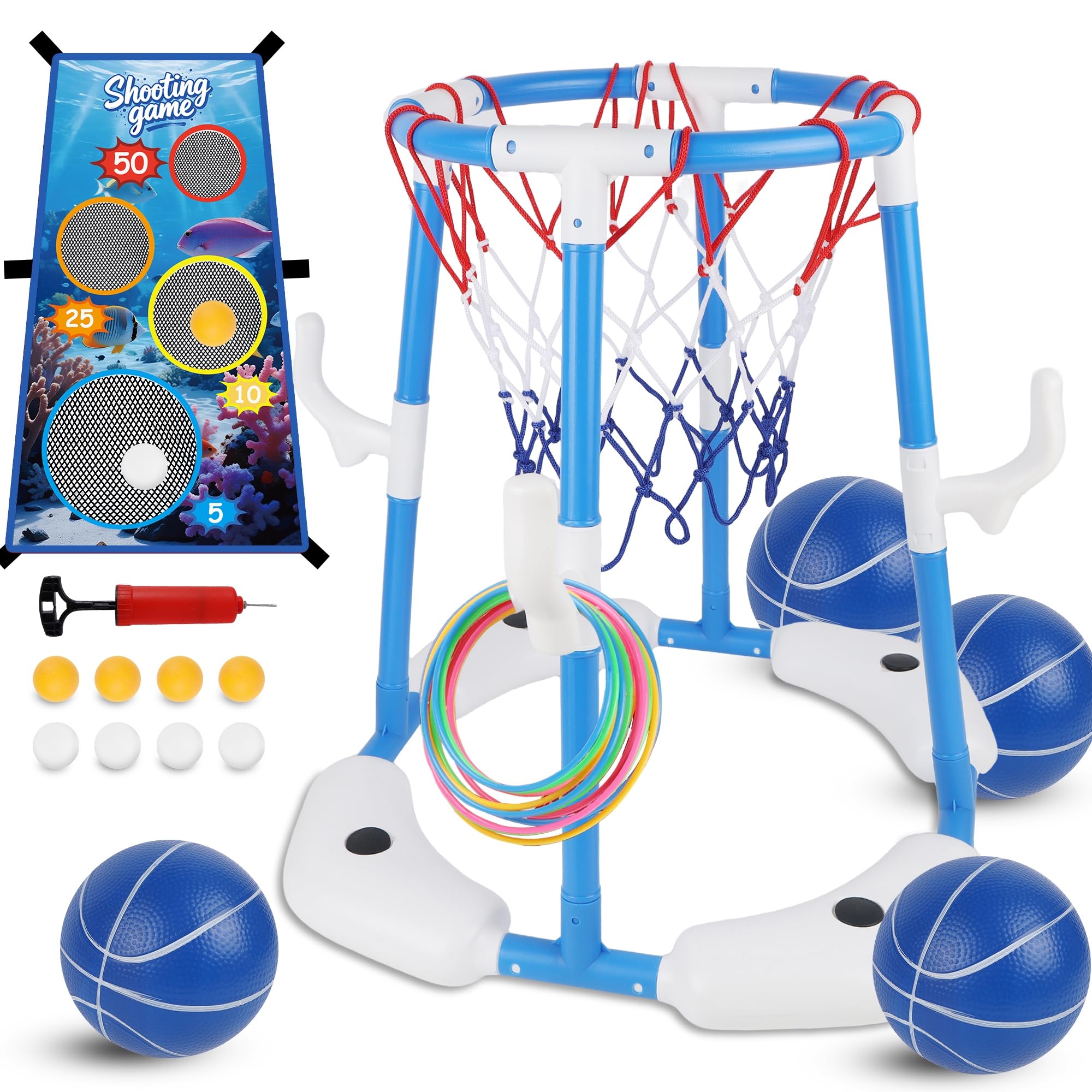 yofit 3-in-1 Pool Basketball Hoop Set, Floating Pool Toys with 14 Balls 12 Rings Toss Games Pump, Outdoor Summer Basketball Game at Swimming Poolside for Kids Ages 4-12 Adults Family Fun