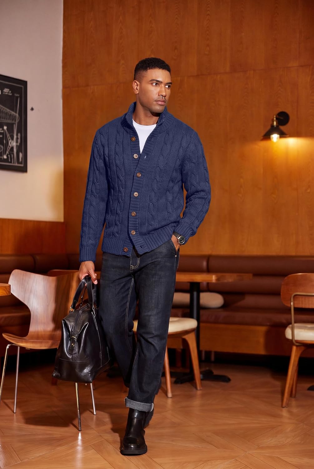 COOFANDY Men's Cardigan Sweater Slim Fit Stand Collar Cardigan Casual Cable Knitted Button Down Sweater with Pockets