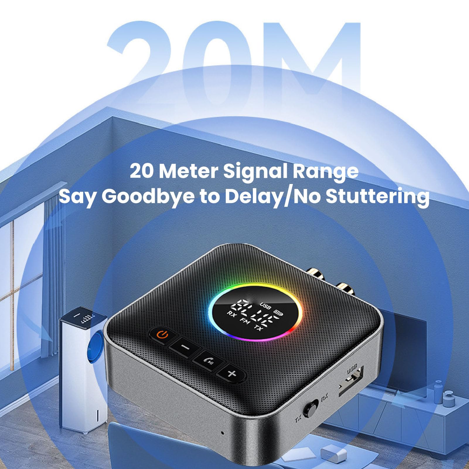 Émetteur-récepteur Bluetooth 6.0 pour TV, Adaptateur Audio sans Fil 3 en 1 avec émetteur FM, Affichage Numérique LED, AUX USB 3,5 Mm pour Stéréo Domestique, Lumière RVB