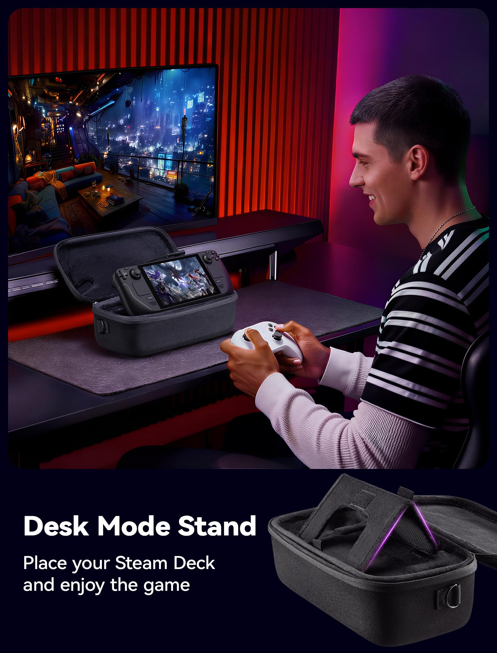 JSAUX Housse pour Steam Deck et Steam Deck OLED, Étui Rigide Double Couche avec Ouverture pour Câble, Câble USB C Angle Inclus, Grande Capacité pour Chargeur et Accessoires