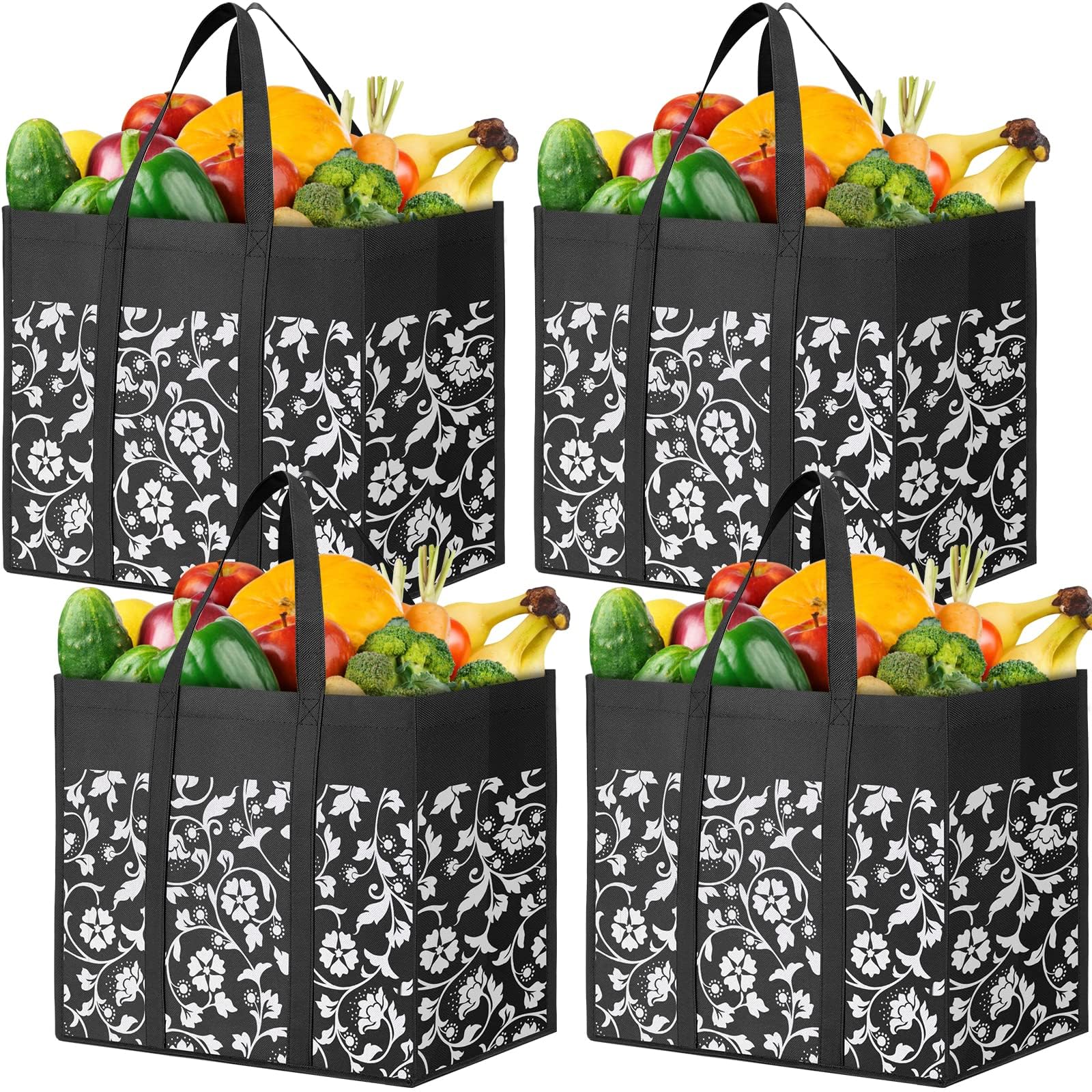 Reusable Grocery Bags Foldable Tote Bags bulk Shopping Bags 4-Pack, Black | Reinforced Handles Shopping Bags for Groceries Heavy Duty Kitchen Reusable Grocery Bags with Waterproof Coating