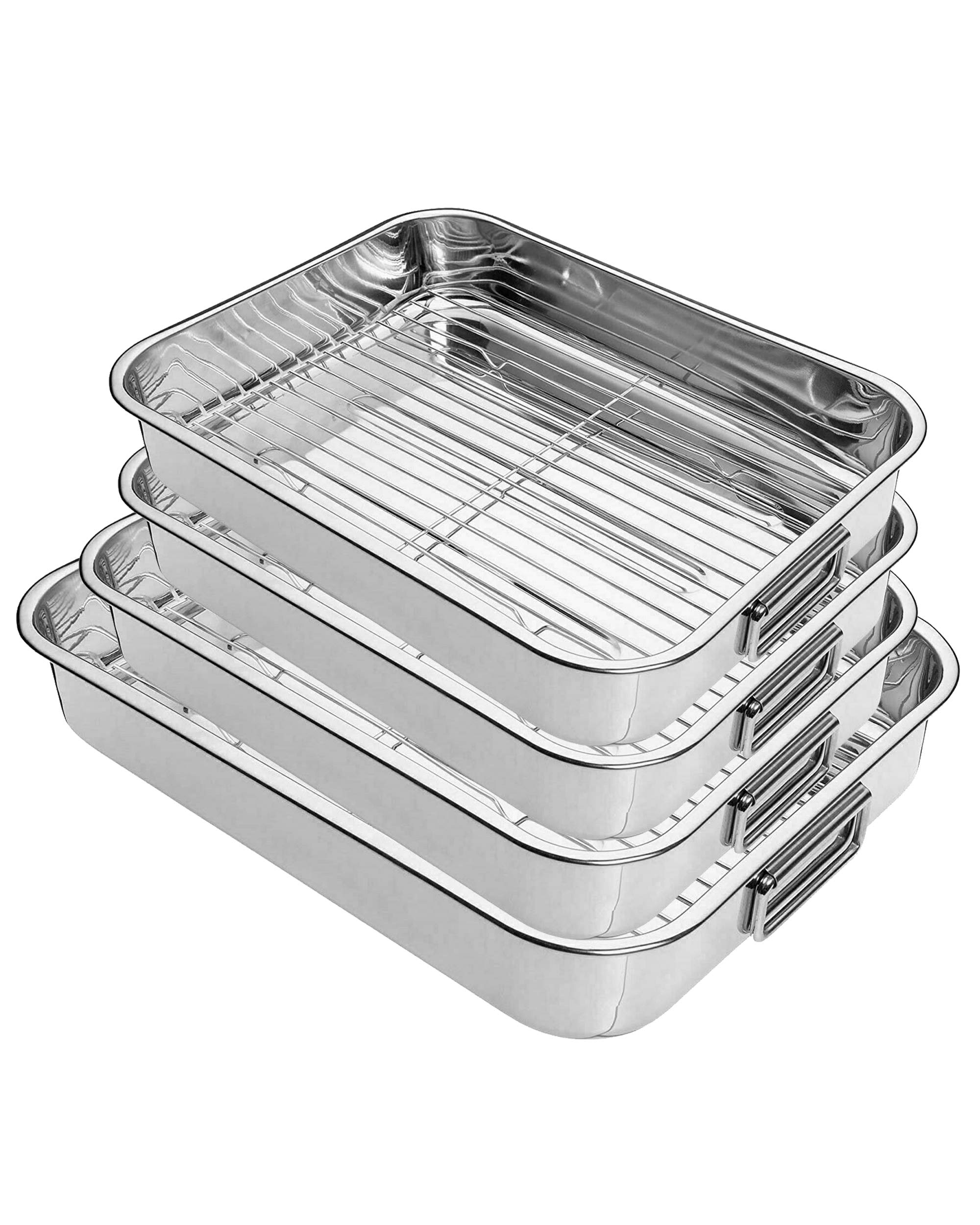 New 4 Pcs Professional Stainless Steel Roasting Tray with Removable Rack Pan Oval Kitchen Cooking Baking Sturdy Handles Built to Last for Years Oven Roasting Pan with Grill