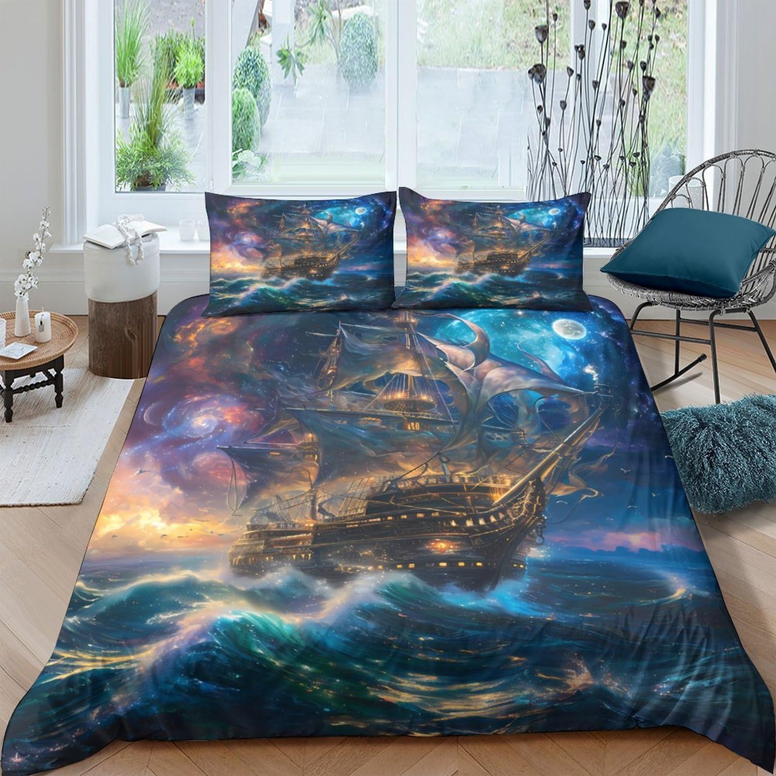 Ctjqhvkz Style-4 3D Printed Pirate Ship Ocean Fitted Sheet Microfiber Blue Fantasy Night Mattress Cover Bedroom Decor Single（135X200cm）
