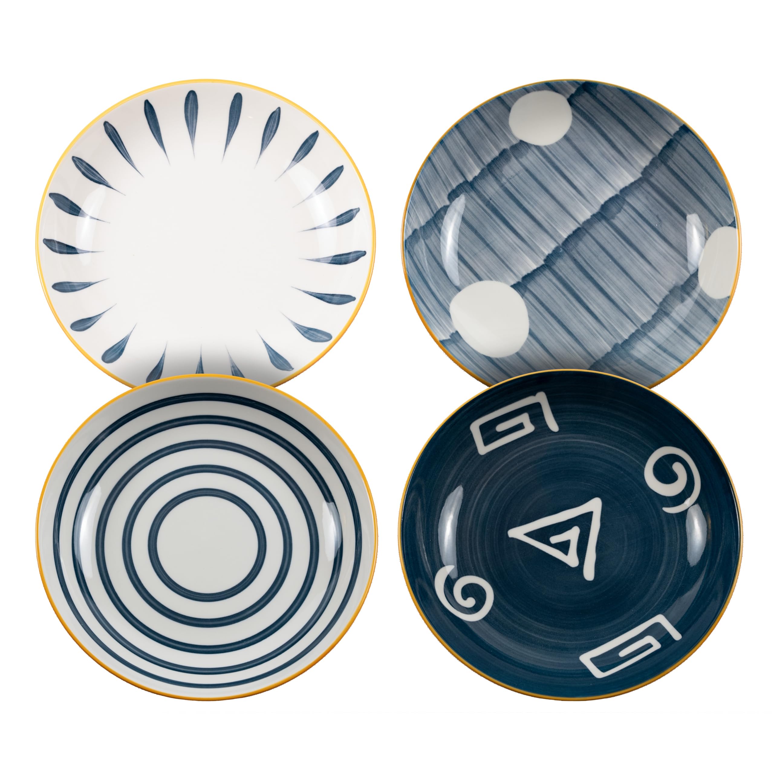 Ceramic Plate Set - 8 Inch Mixed Color Japanese Design, 4-Piece Dinnerware Set, Yellow/blue, ZLV-PLATESET-001