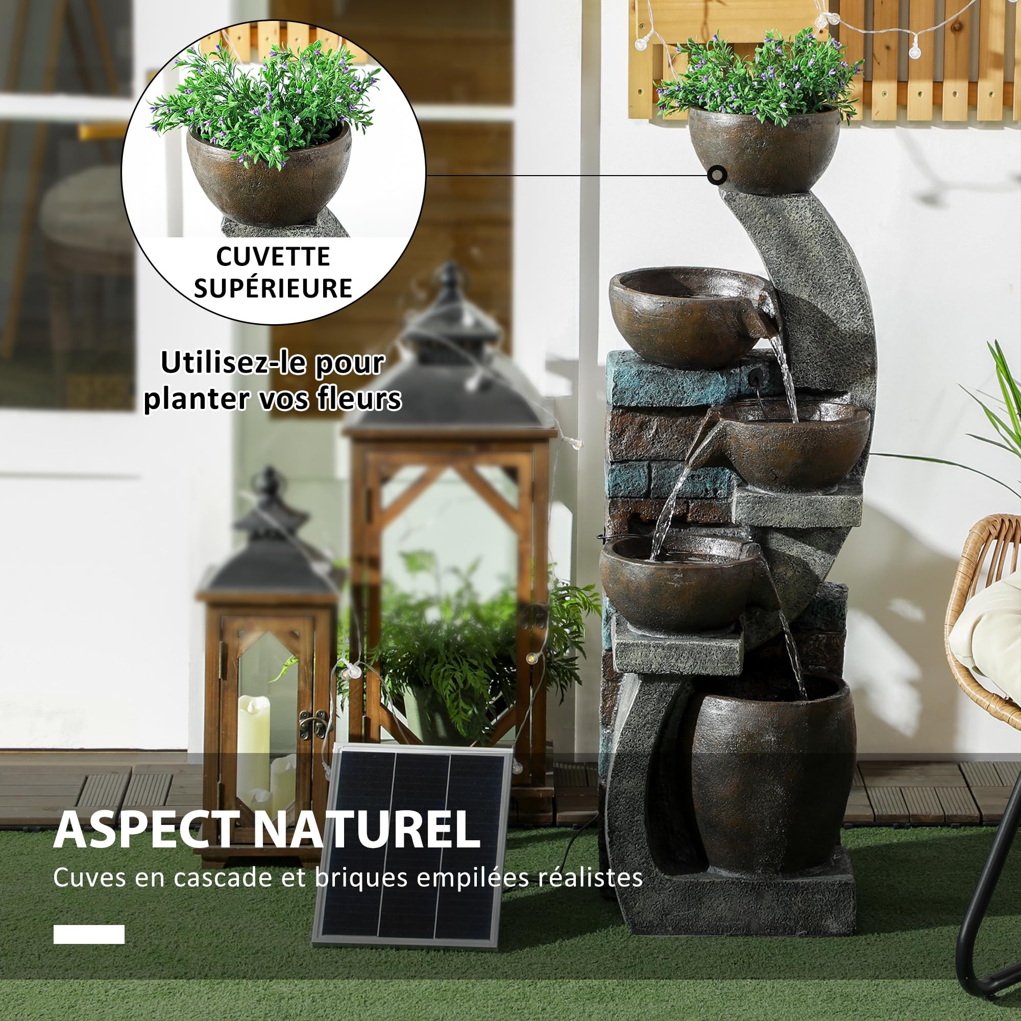Outsunny Fontaine d'eau extérieure 5 Niveaux, Fontaine de Jardin avec lumières LED, Panneau Solaire 3,7 KW, Pompe, débit de 450L/h, en résine, Gris et Marron