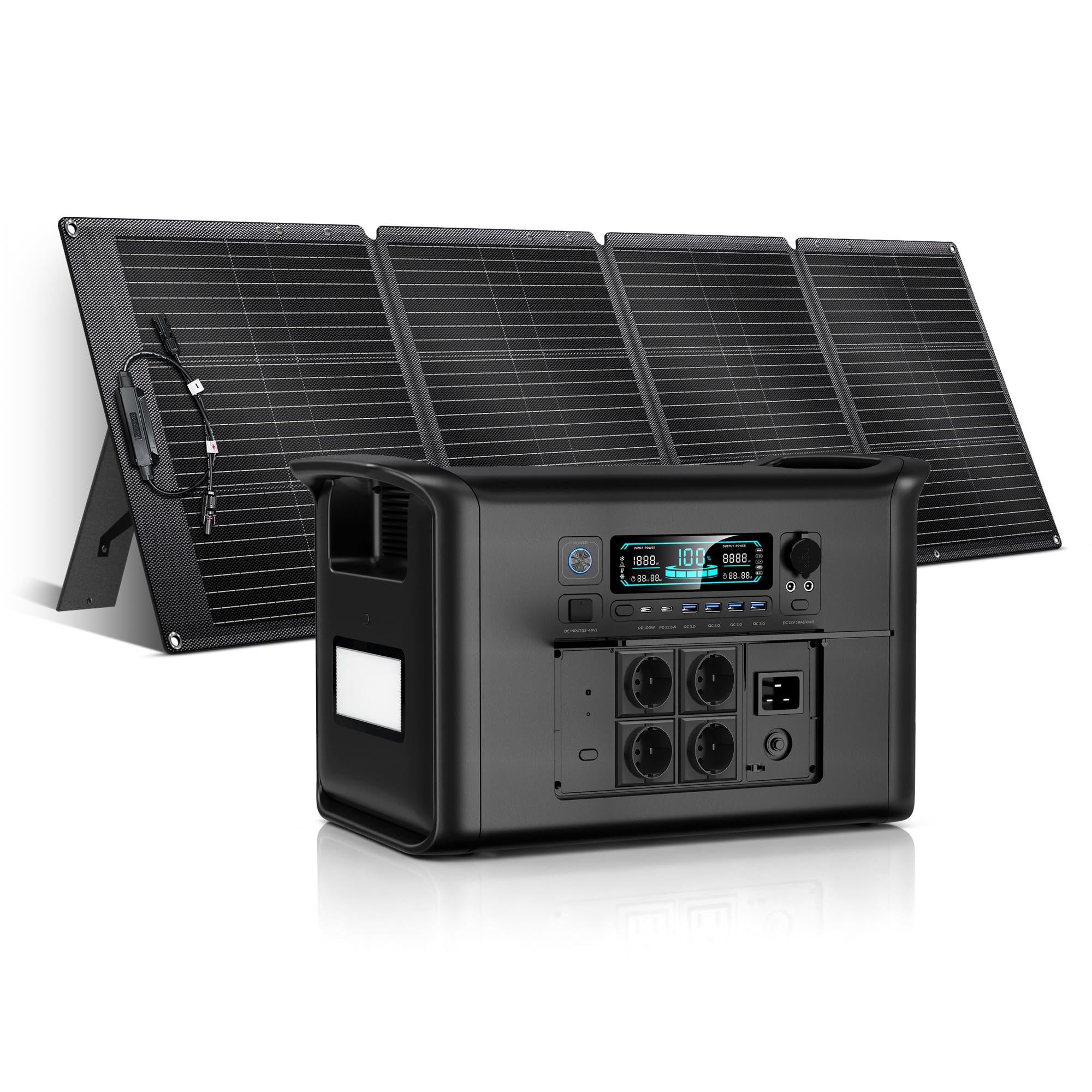 Generateur Electrique Portable 2400W/2048Wh avec Panneau Solaire 200W, Générateur Électrique, LiFePO4 Batterie, Recharge Rapide 1H, Station électrique portable pour Camping-cars, Jardin, RV