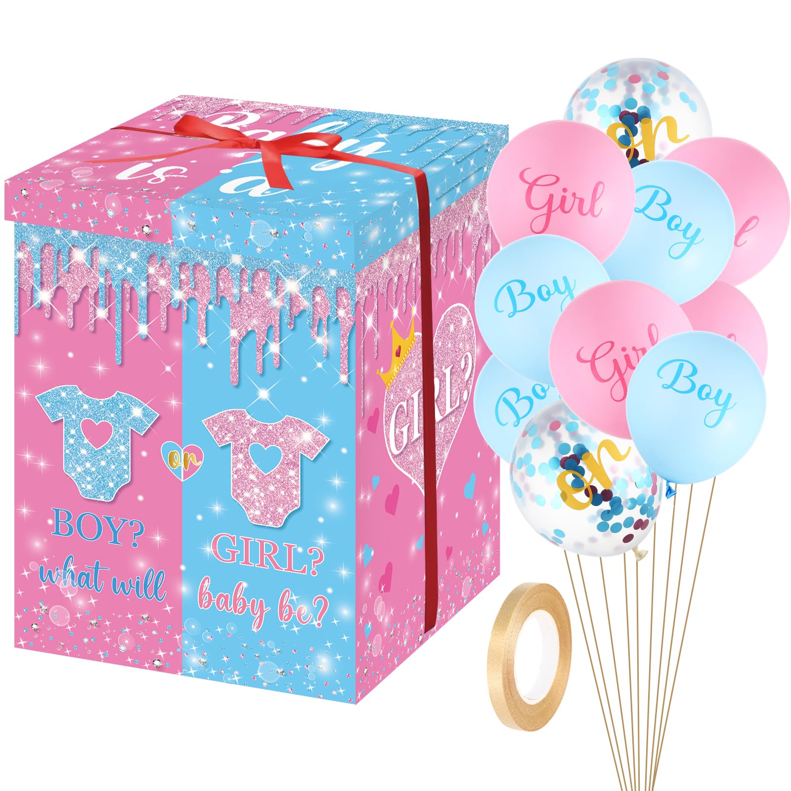 Photo 1 of Gender Reveal Balloon Box with Ribbon Gender Reveal Game Party Decorations Boy or Girl Reveal Ideas for Baby Shower He or She Welcome Baby Party Decorations Supplies