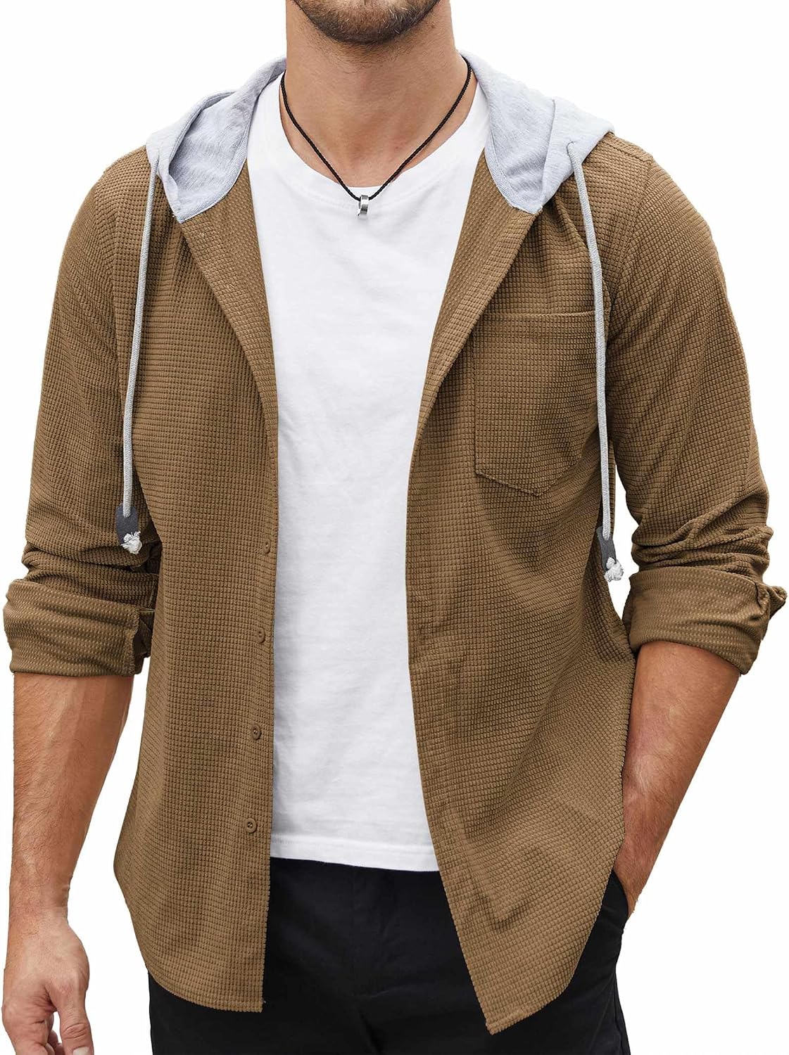 COOFANDY Men's Corduroy Shirt Jackets Long Sleeve Button Down Casual Stylish Hooded Shacket Jacket with Pocket