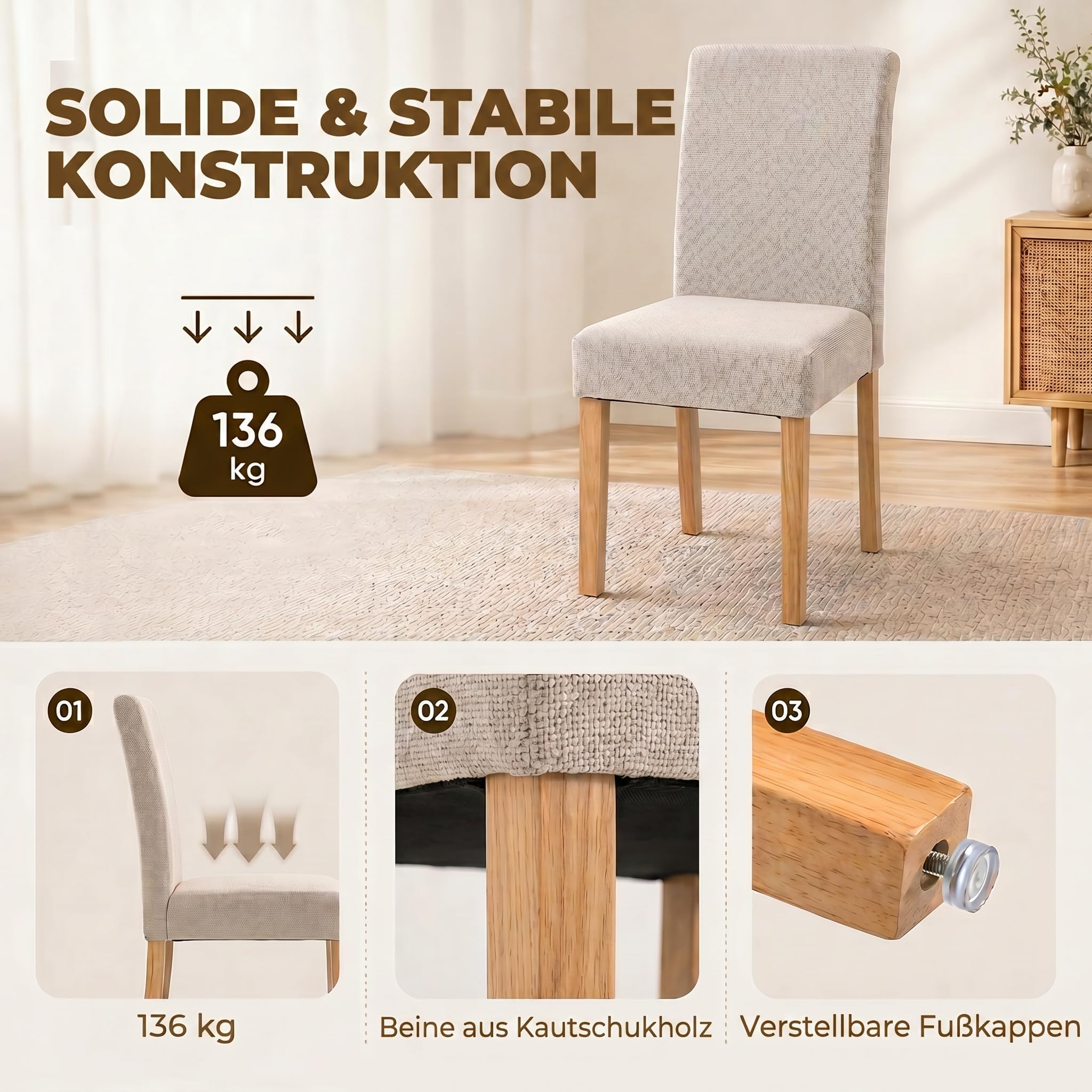 HOMCOM Esszimmerstühle 2er Set Rückenlehne Leinenoptik Essstuhl Cremeweiß | Küchenstuhl, Moderner Polsterstuhl, Kautschukholzbeinen, für Esstisch, Wohnzimmer, Esszimmer