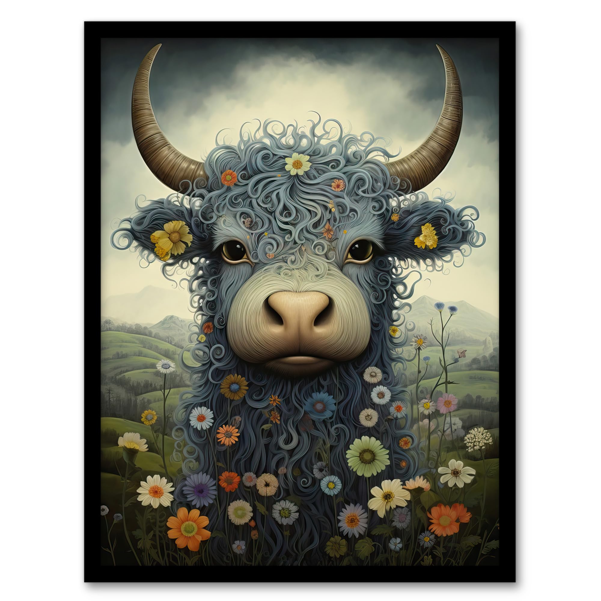 Artery8 Small Blue Highland Cow In Wildflower Meadow Fun Wee Blue Coo Artwork Framed Wall Art Print A4