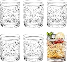 Set of 6 Drinking Glasses Tumblers, 9.5 oz Premium Romantic Water Glasses, Clear Embossed Vintage Glassware Set for Whisky, Beer, Cocktail, Juice, Beverages