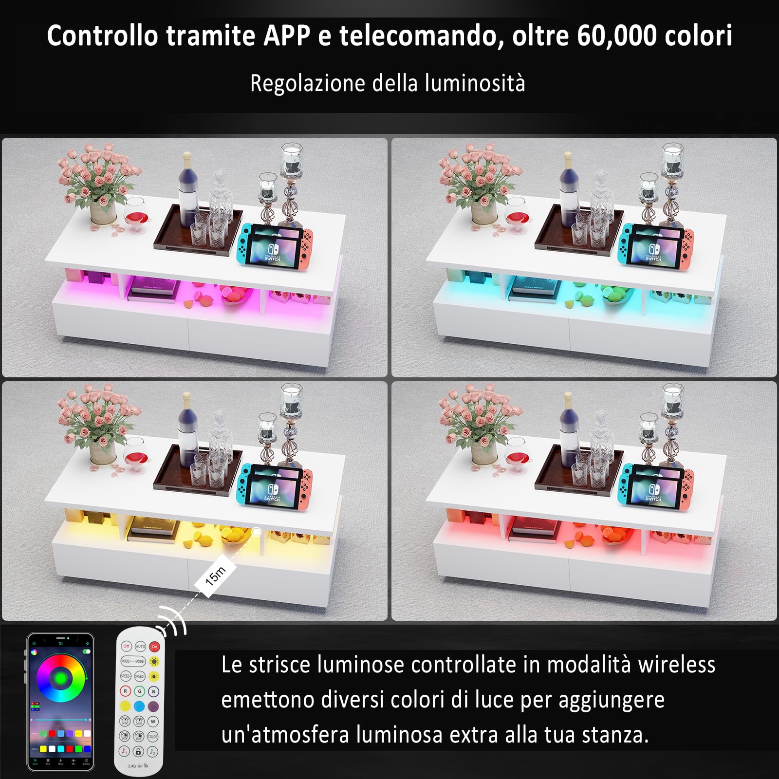 YU YUSING Tavolino Salotto Moderno con 2 Cassetti, Tavolino da Caffè con 2 Ripiani, Coffee Table, 60000 Colori di Luce Regolabili, Telecomando, Controllo tramite App, Modalità Musicali, Bianco