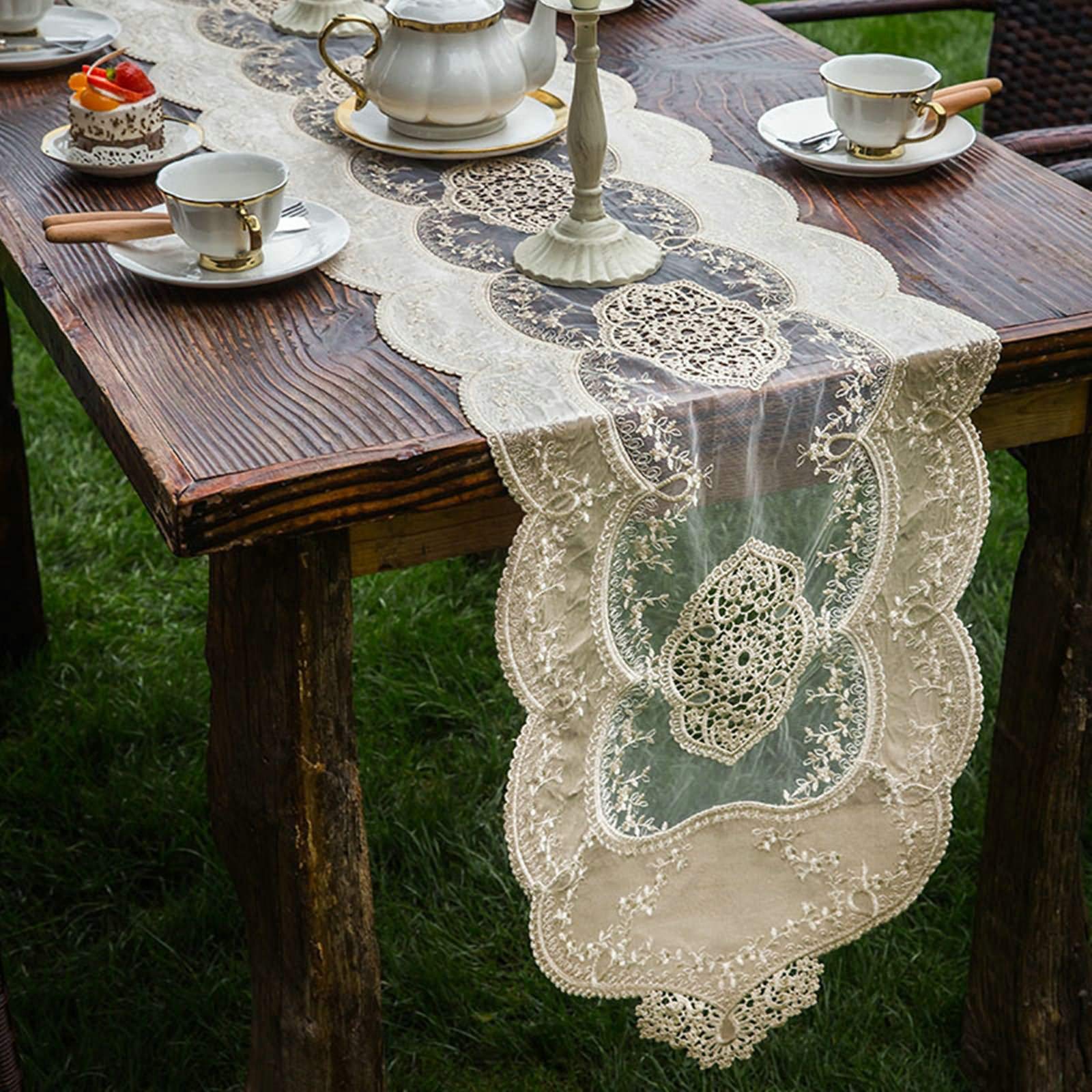 Aeici Chemin de table de mariage en polyester avec dentelle brodée - 40,6 x 180,6 cm - Décoration de maison de campagne pour la cuisine - Chemin de table champagne
