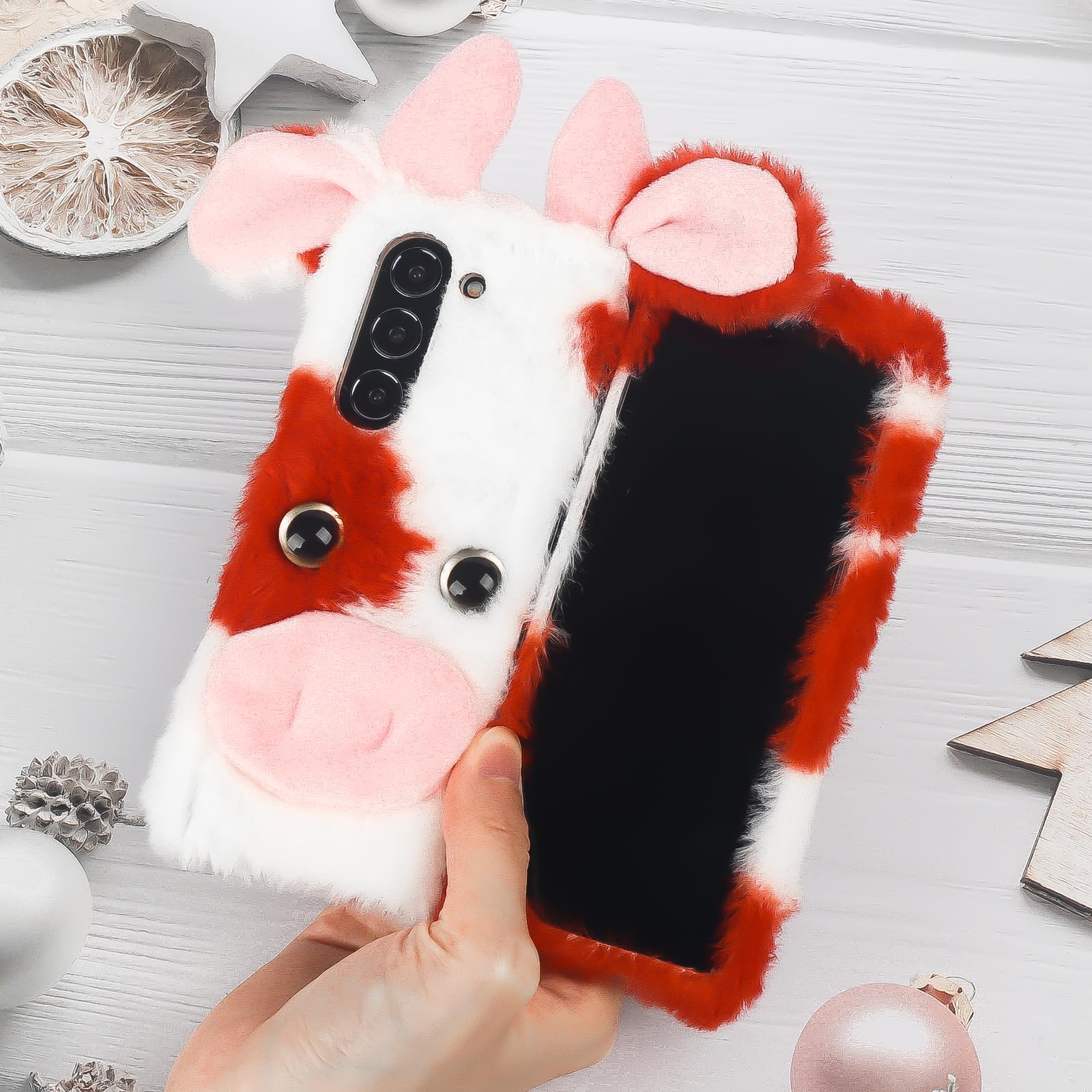 LUVI 3D Cute Compatible with Galaxy Z Fold 5 Case Plush Furry Fuzzy for Women Fuzzy Fluffy Cartoon Cow Faux Fur Hair Girly Protection Cover for Galaxy