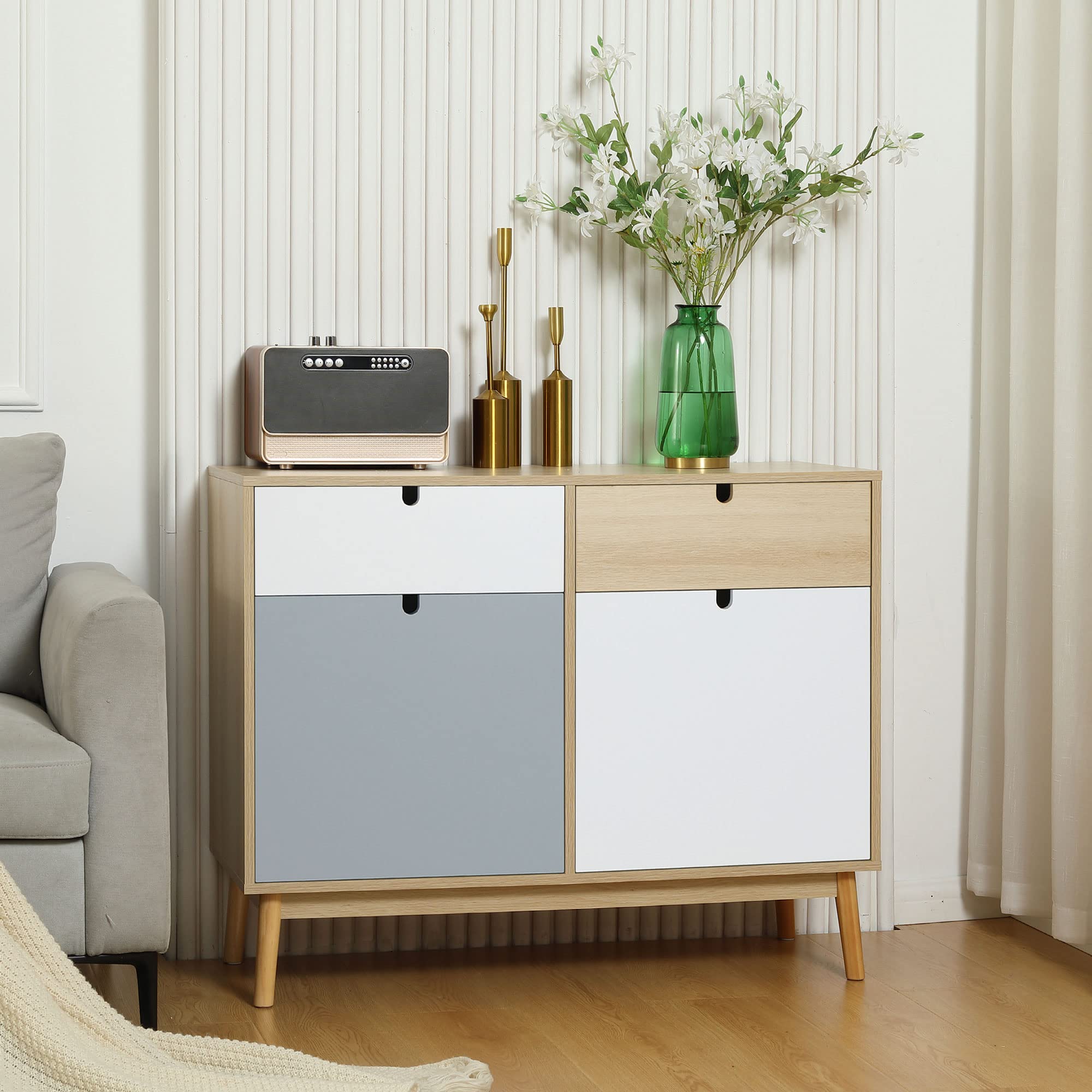 HOMCOM Mobiletto Multiuso Stile Nordico, Armadietto Due Ante con Cassetti per Cucina e Ingresso, 100x40x79.5cm, Multicolore