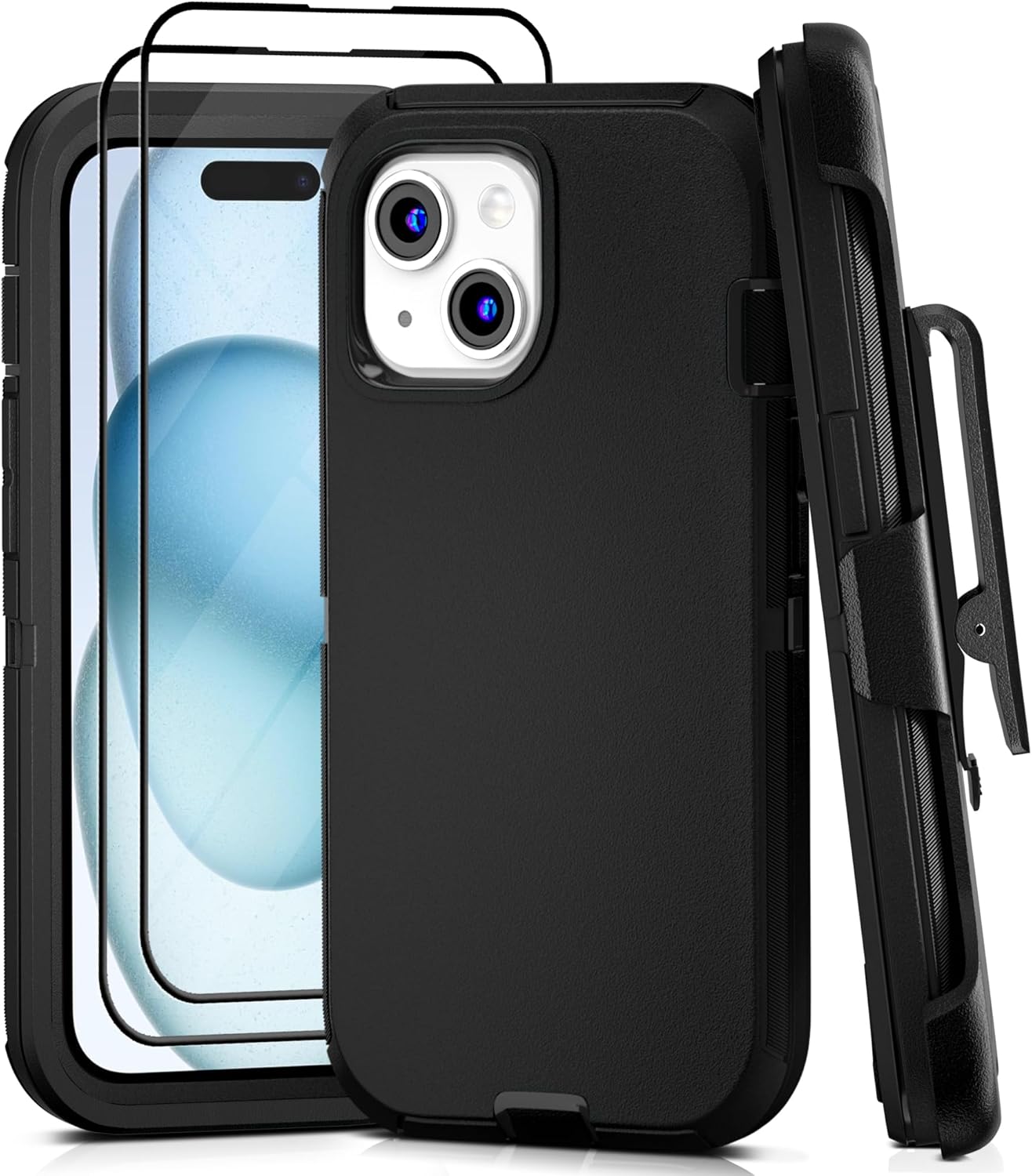 for iPhone 15 Case with Belt Clip and 2 Pack Screen Protector - Heavy Duty Shockproof Military Grade Drop Protective Full Body Rugged Dust-Proof Cover(Black+Clip)