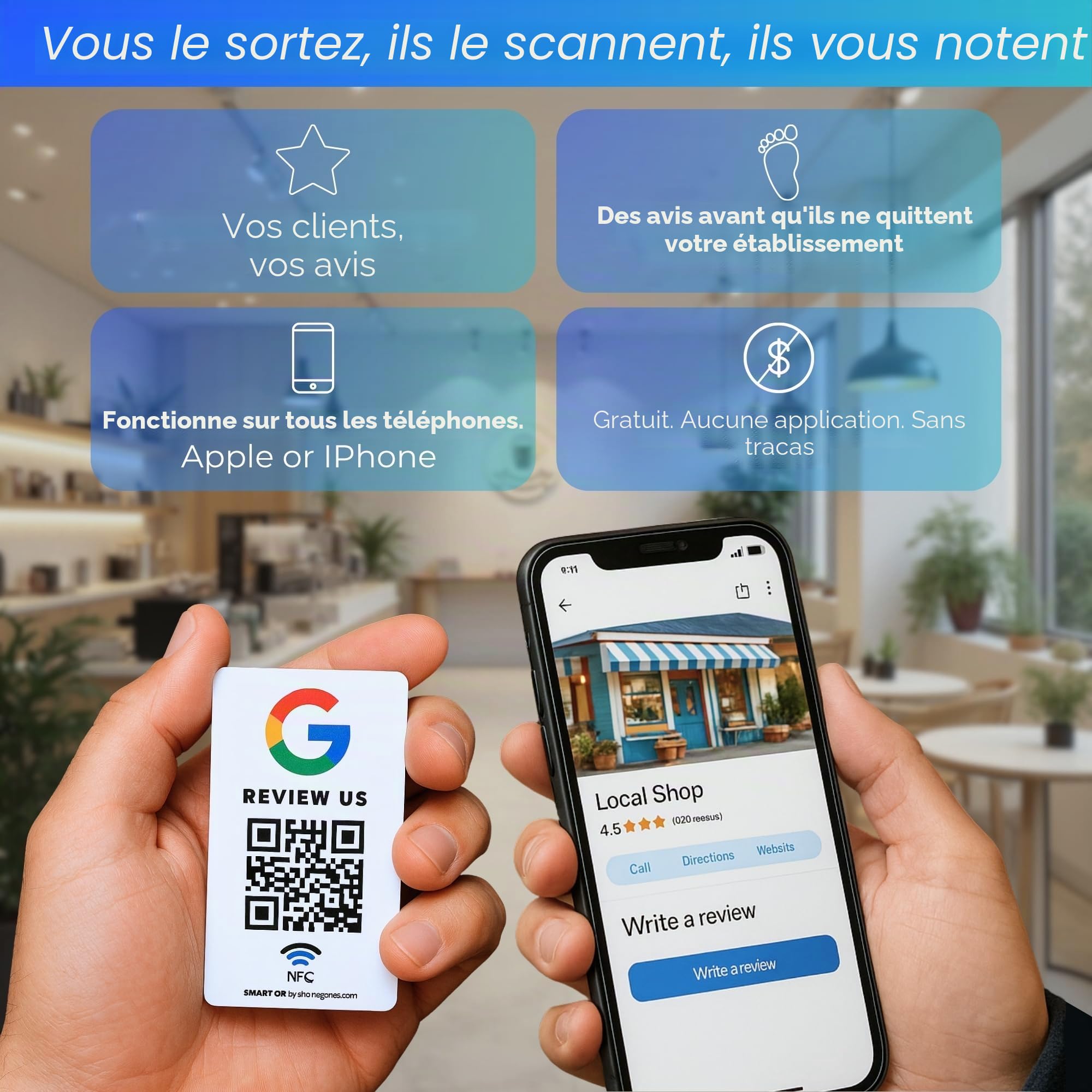 MESSAGENES Lot de 5 cartes PVC NFC et QR pour avis Google 8,6 x 5,5 cm