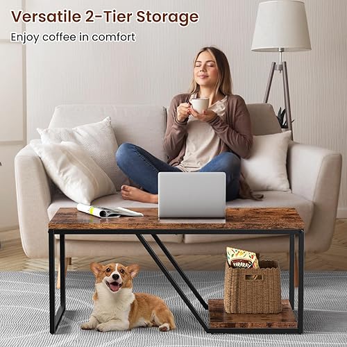 Miniatura 3 de Mesa de centro rústica rectangular industrial de 2 niveles para sala de estar, espacios pequeños, mesa central de sala de estar con estante de