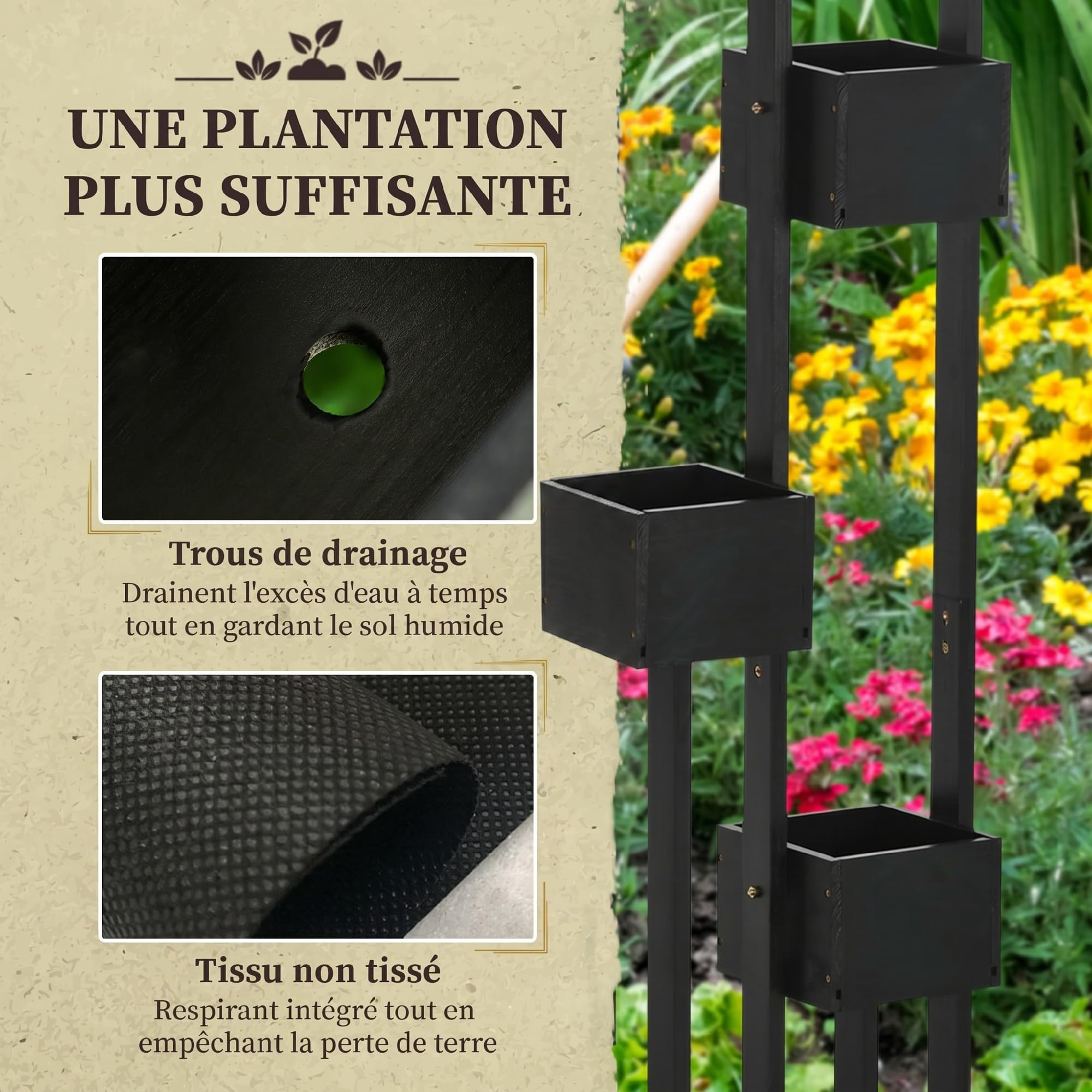 Outsunny Jardinière surélevée Treillis Tissu Non Tissé 90 x 45 x 170 cm | Bois, pour Fleurs, Légumes, Plantes ou Herbes Aromatiques