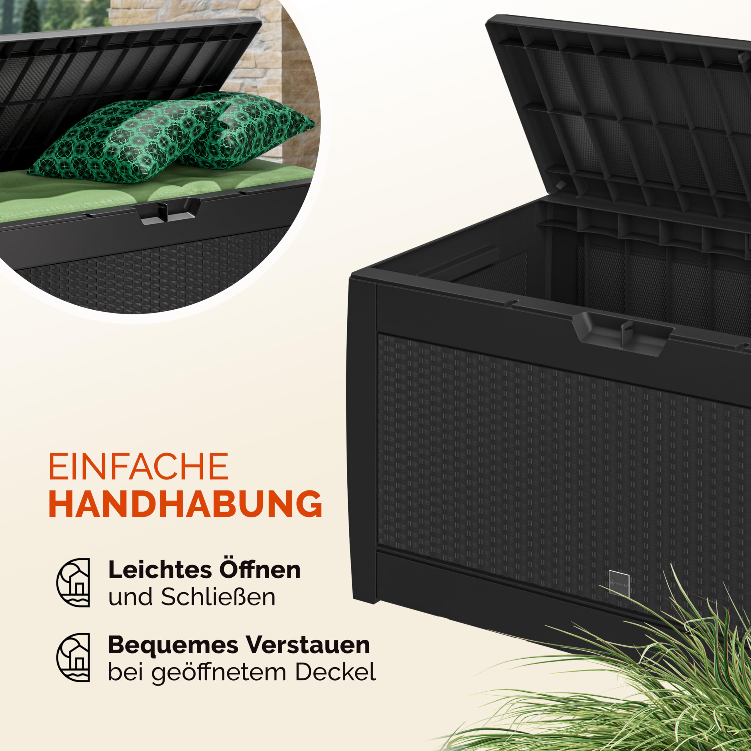 Casaria® Gartenbox Anthrazit UV-beständig 310L Haltegriffe Rollen Terrasse Balkon Wohnzimmer Wintergarten Truhe Auflagenbox 119x48cm Rattan-Optik
