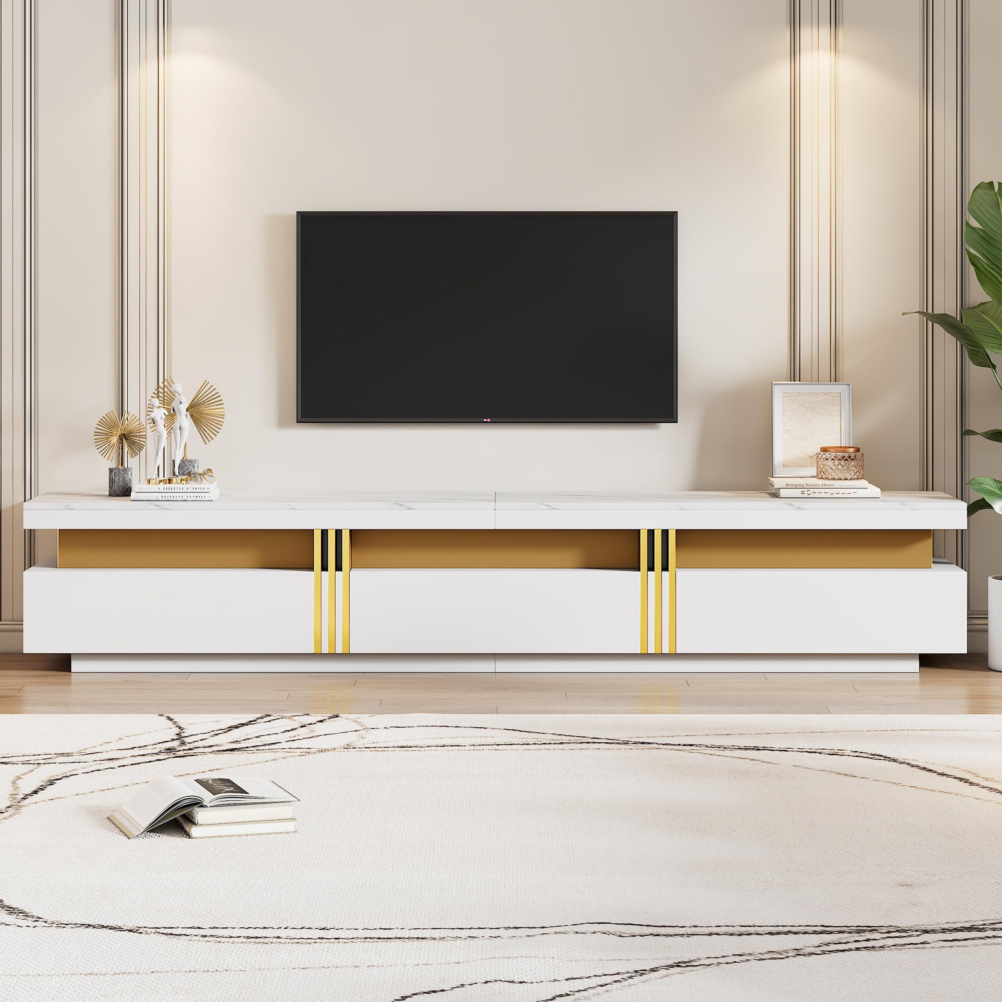 SACOOL Moderner Lowboard TV-Schrank 200 x 40 x 42 cm, Marmor-Optik, TV-Board, TV-Kommode – Für Fernseher bis 90 Zoll, DREI Schubladen und 1 Kabelmanagement