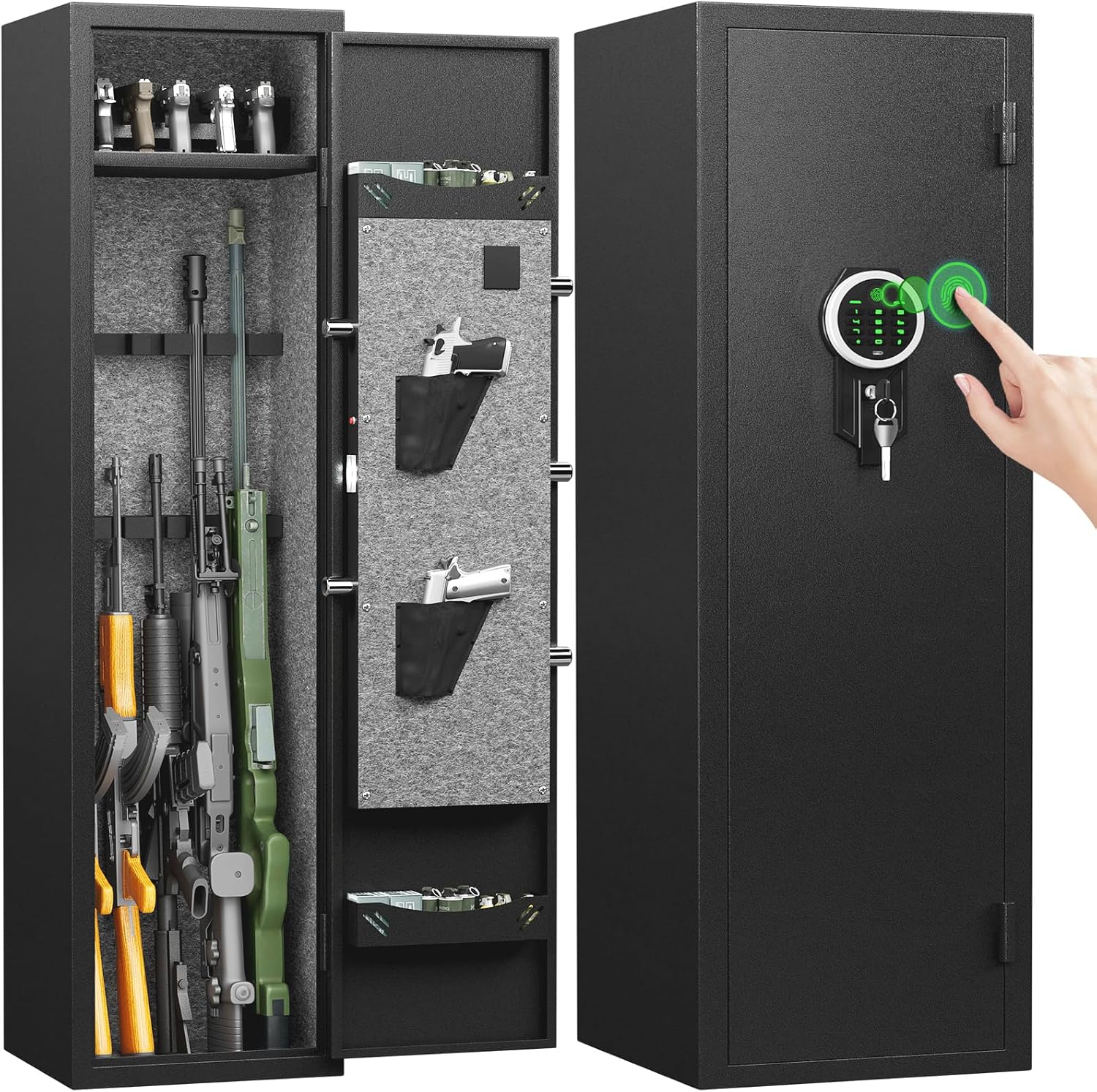Kavey 5-8 Fingerprint Gun Protected, Lengthy Gun Protected for House Rifle and Pistols with Backlit Keypad, Fast Entry Gun Cupboard with LED Gentle and Detachable Shelf