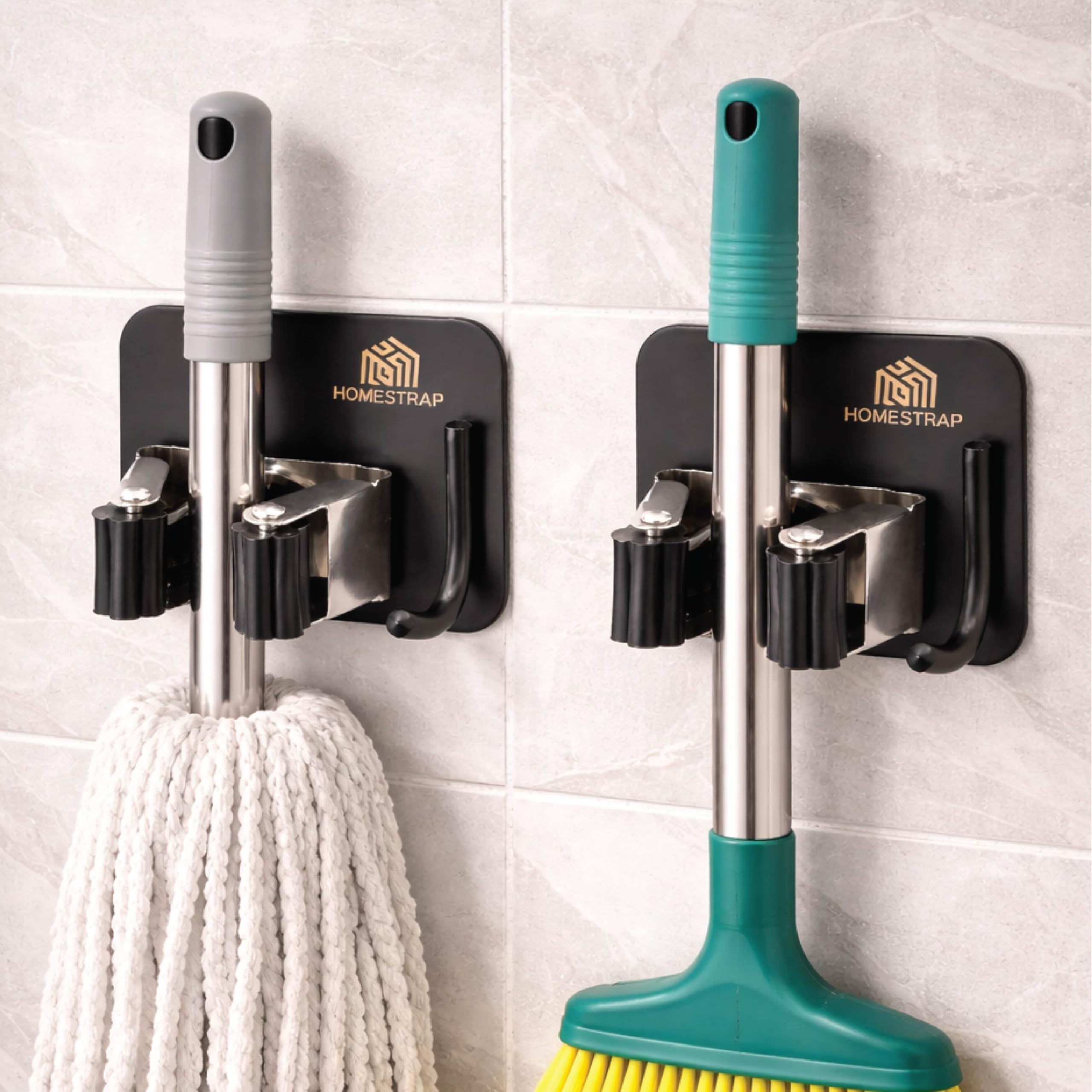 HomeStrap Stick-On Mop & Broom Holder with Rubber Grip | Stainless Steel Wall Holder with Hook for Mops, Brooms, Wiper & Towels | No Drilling Waterproof Self-Adhesive Hook for Daily Use | Set of 2-image-20