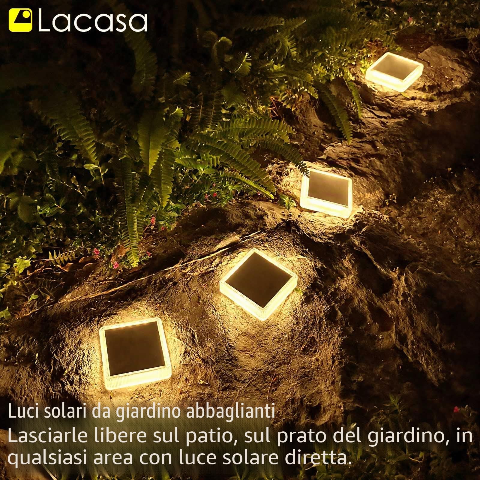 Lacasa Luci Solari Giardino, 4 Pezzi 30LM LED Lampada Solare da Esterno IP68 Impermeabile Luci per Sentieri Auto On/Off Luce Solare per Ponte Passo Vialetto Scale, Bianco Caldo 2700K Quadrato
