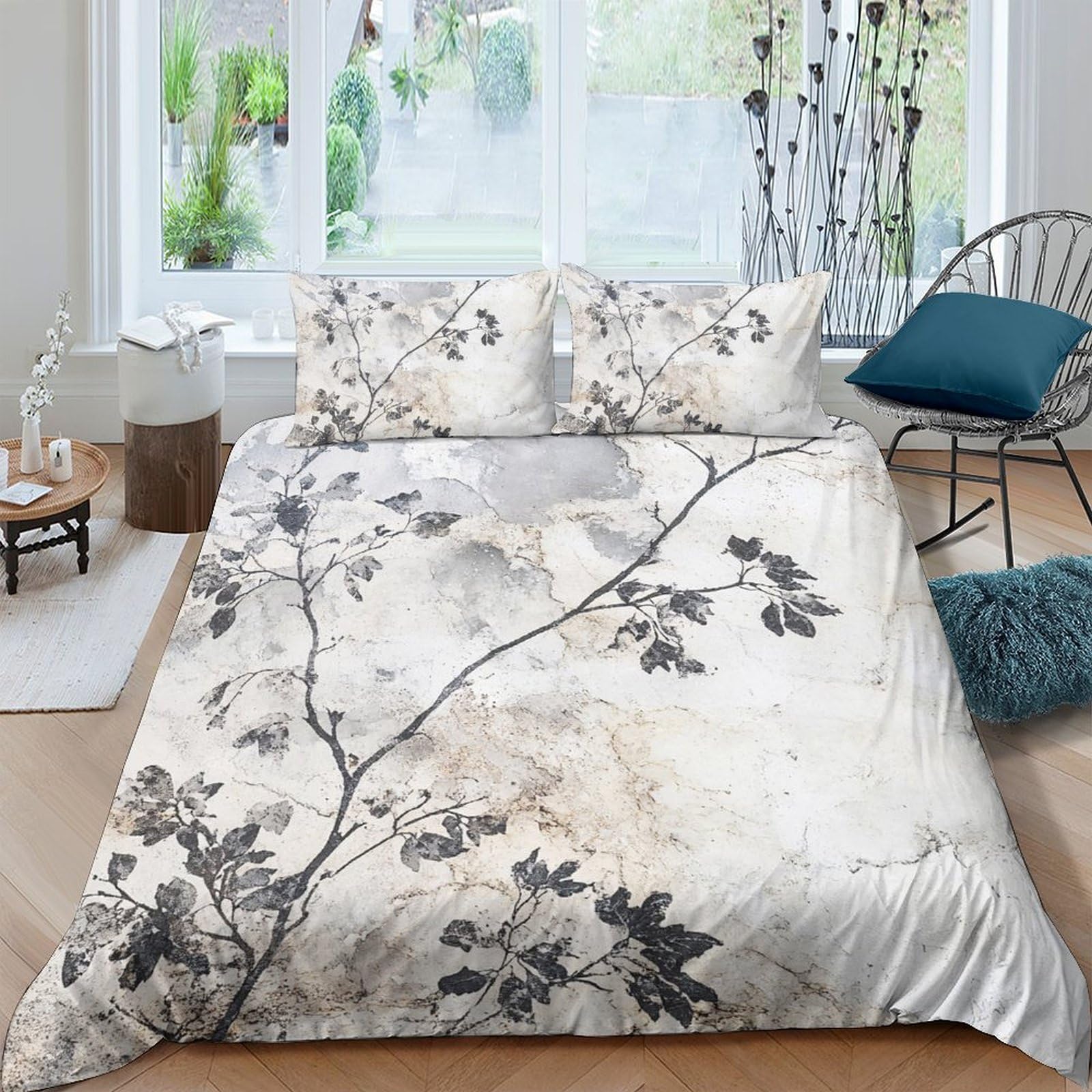 Ctjqhvkz Style-6 3D Printed Ink Wash Branches Fitted Sheet Microfiber Soft Breathable Plum Blossom Mattress Cover Bedroom Decor Single（135X200cm）