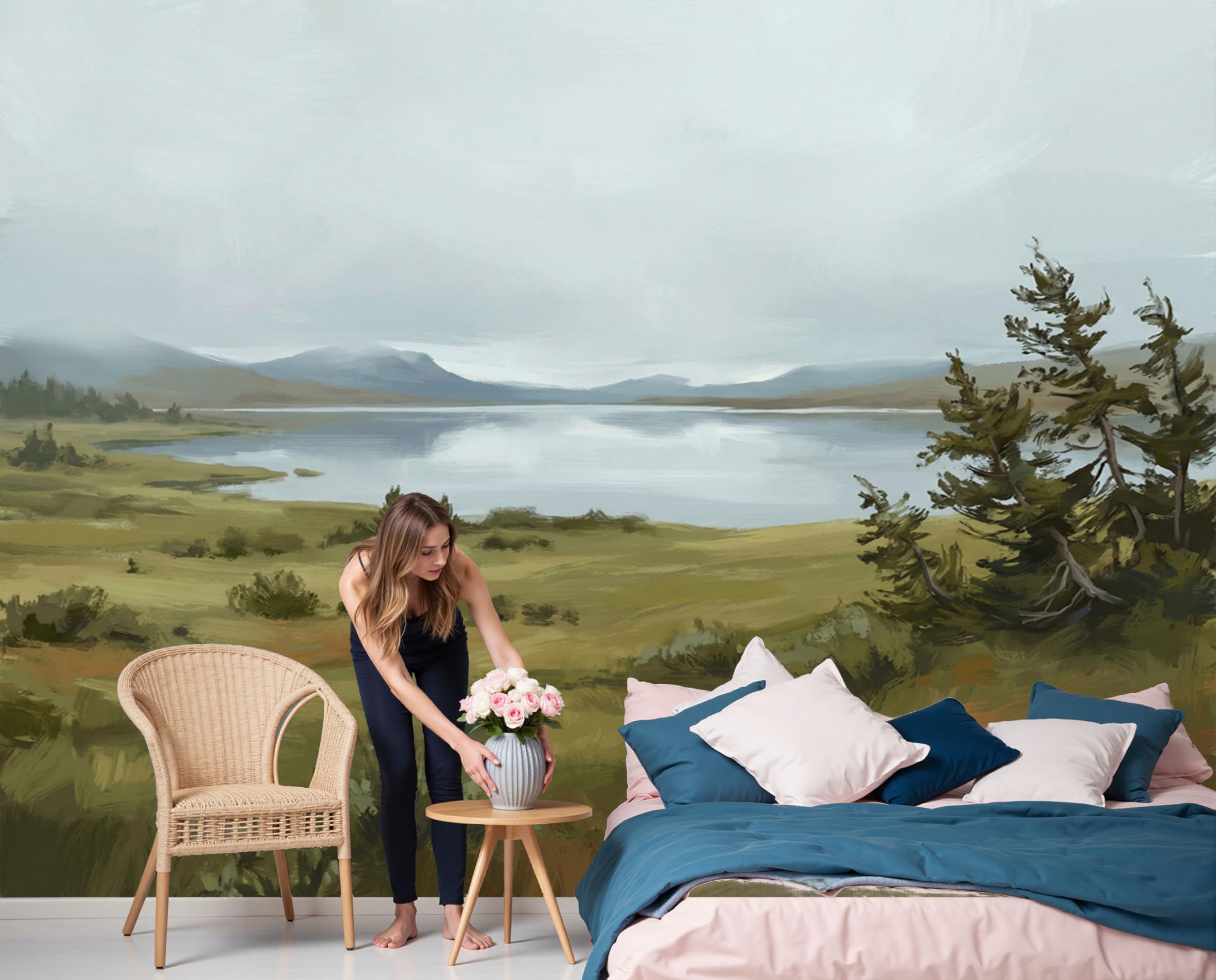 Papier peint panoramique prairies et lacs rétro vert olive 200x140cm