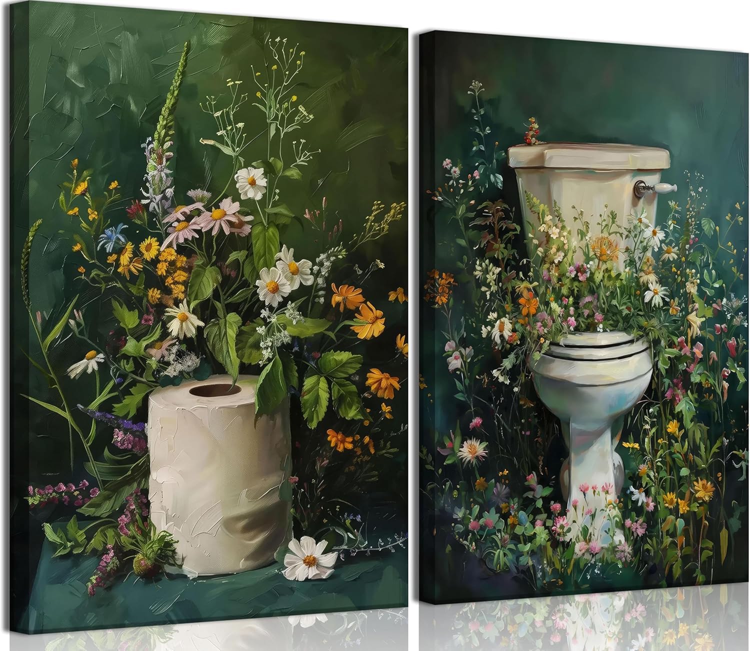 lianyibo 2Pcs Dark Green Bathroom Canvas Wall Art Botanical Toilet Moody Wildflowers Posters Prints Vintage Flowers Wall Decor(50x70x2/Frameless)