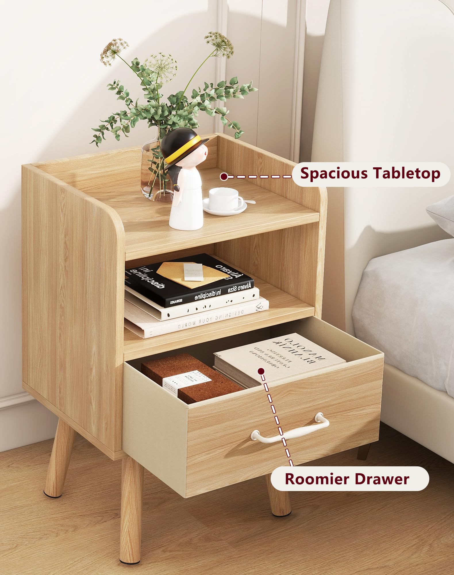 YMYNY Set de 2 Mesitas de Noche, Mesa Auxiliar de Sofá, Mesa de Madera, Cajón con Tela Removible, Ripiano Abierto, 39x29x62 cm, para Dormitorio, Salón, Natural HST021N-2