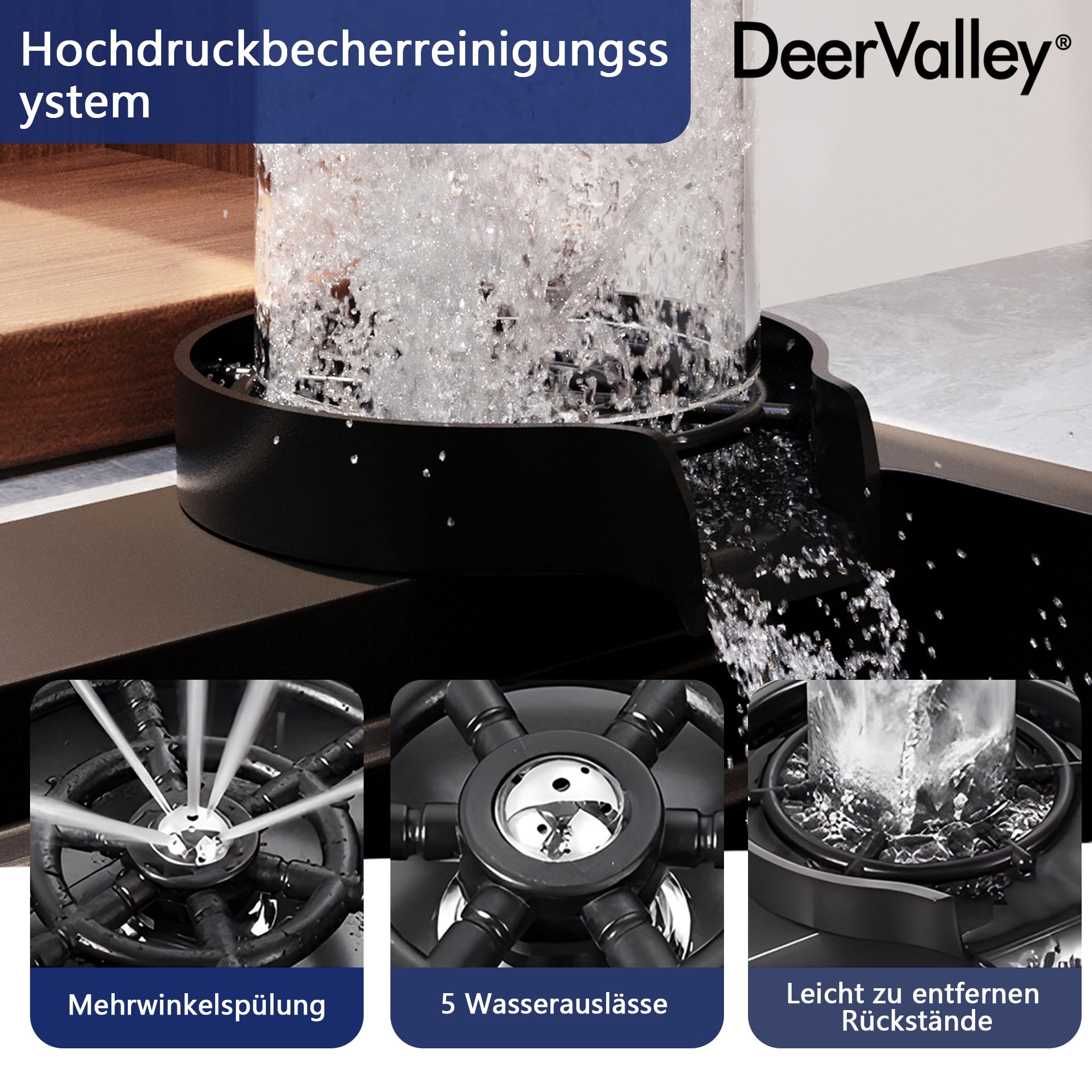 DeerValley Waschbecken Küche Schwarzgrau Edelstahl Küchenspüle mit Ausziehbarem Wasserhahn und Raindance Wasserfall-Spülbecken, Großes Spülbecken (74.9 cm L x 45.7 cm) mit Becherreinigungsfunktion