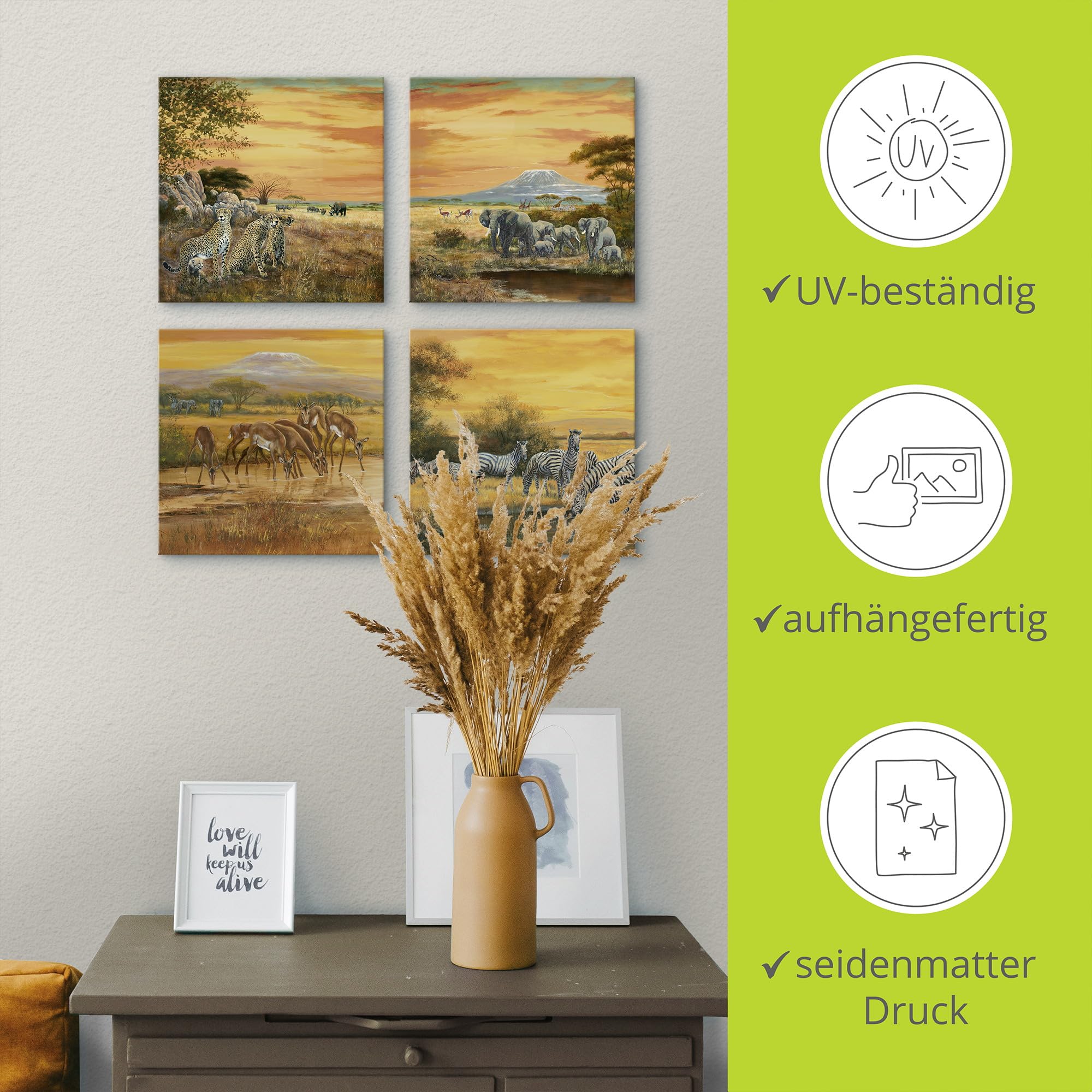 ARTLAND Wanddeko Leinwand Bilder Set 4tlg. je 40x40 cm Quadratisch Wandbilder Tiermotive Geparden Elefanten Zebras Steppe Afrika K2KL